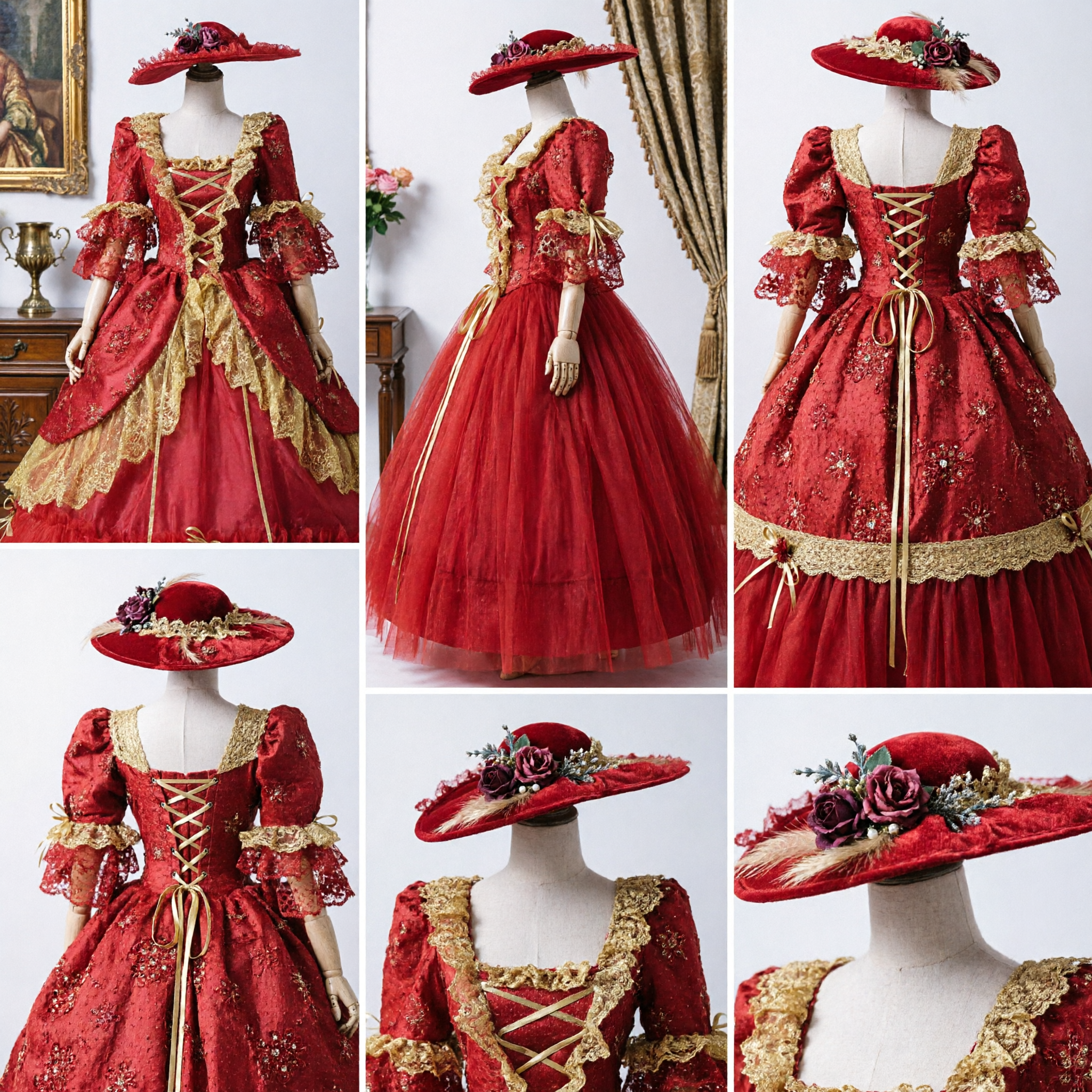 Luxury Red Renaissance Queen Costume Dress with Gold Lace and Hat for Women's Stage Performance - Asian Costume