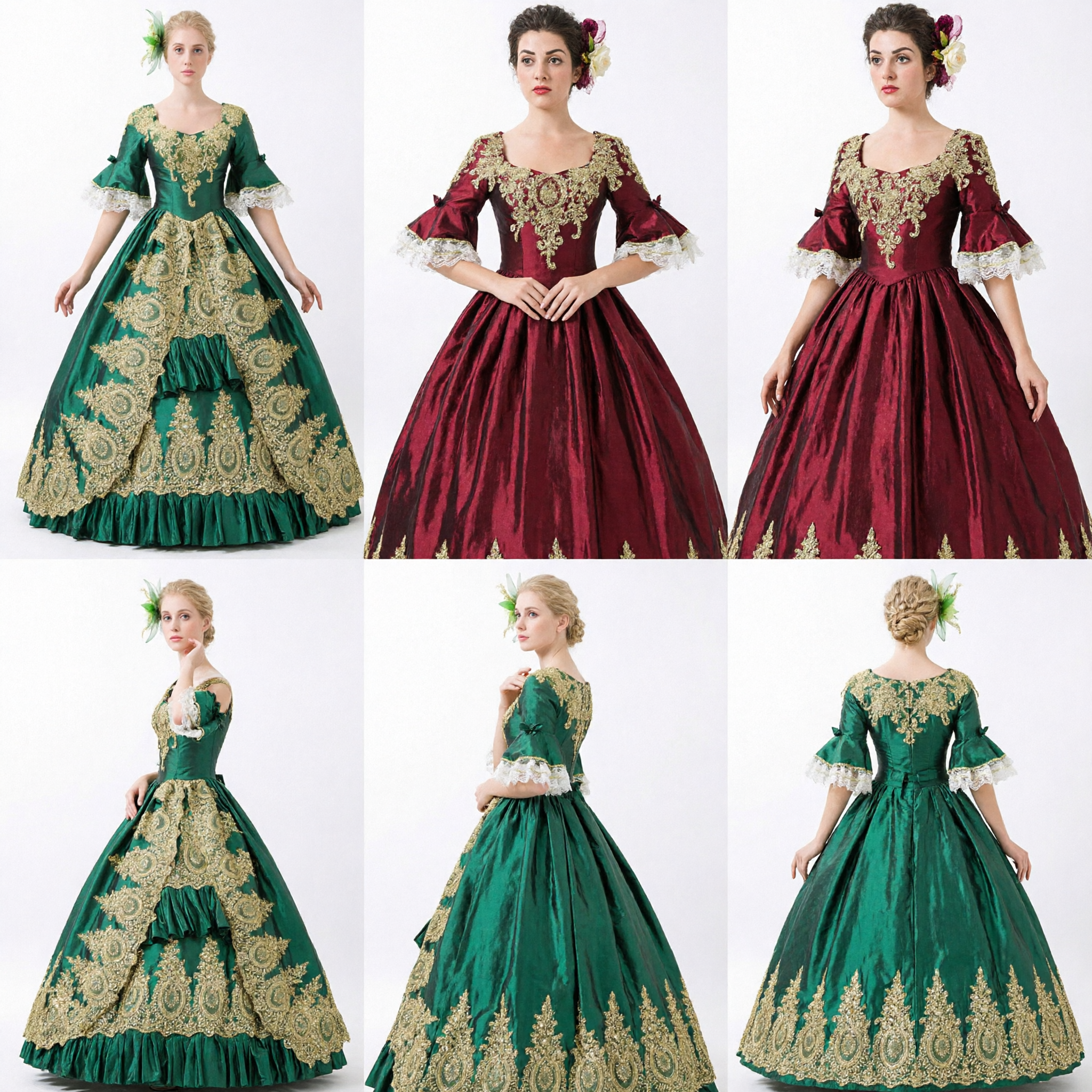 Royal Blue Rococo Ball Gown with Gold Embroidery and Lace Historical Costume for Women Masquerade Party - Asian Costume