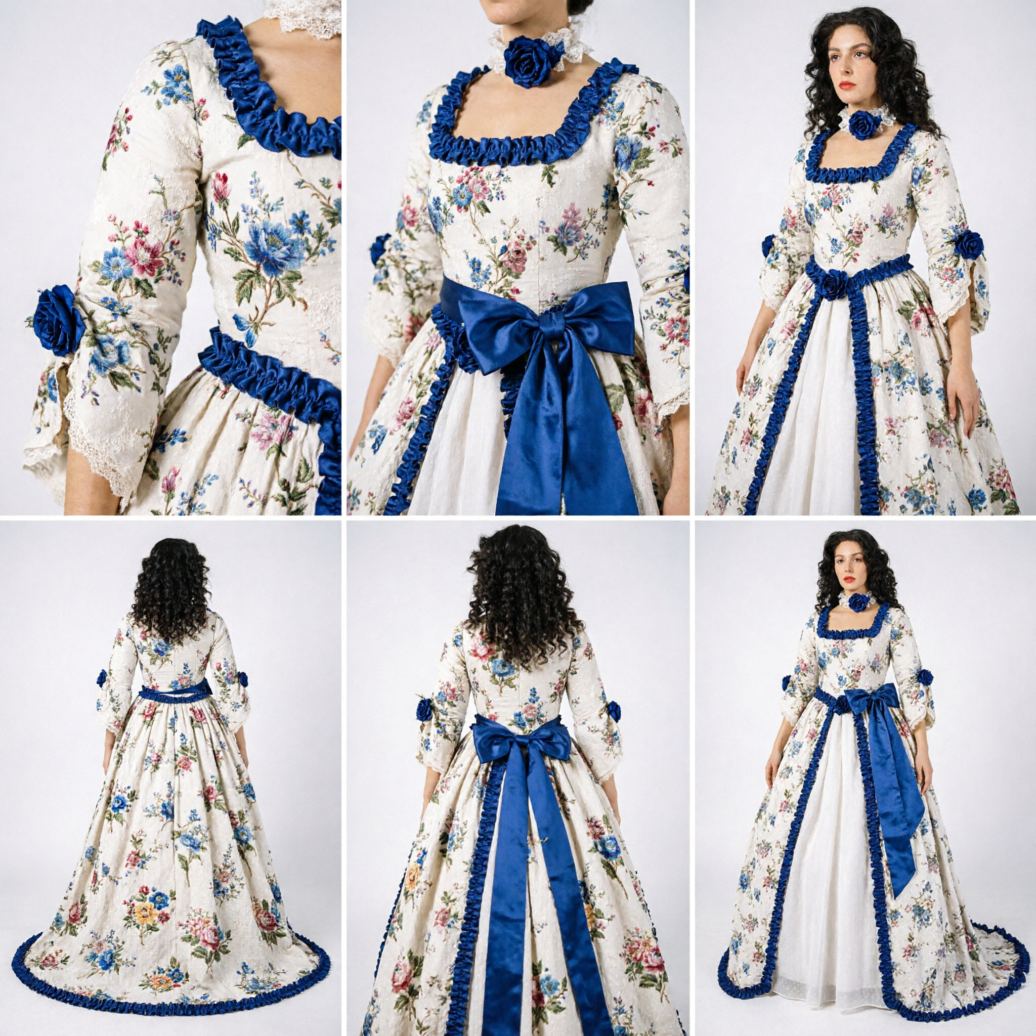 Women's 18th Century Rococo Ball Gown Blue Floral Historical Costume for Cosplay Theater Halloween - Asian Costume