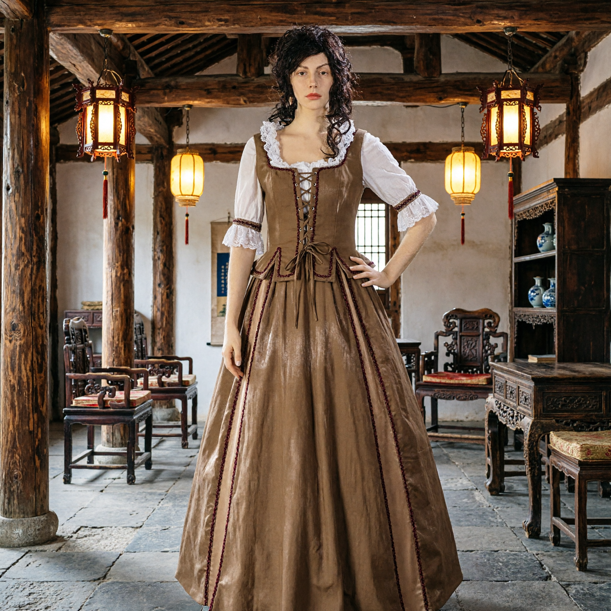 Women's Brown Renaissance Peasant Dress Medieval Historical Costume with Lace-Up Bodice for Theater and Cosplay - Asian Costume