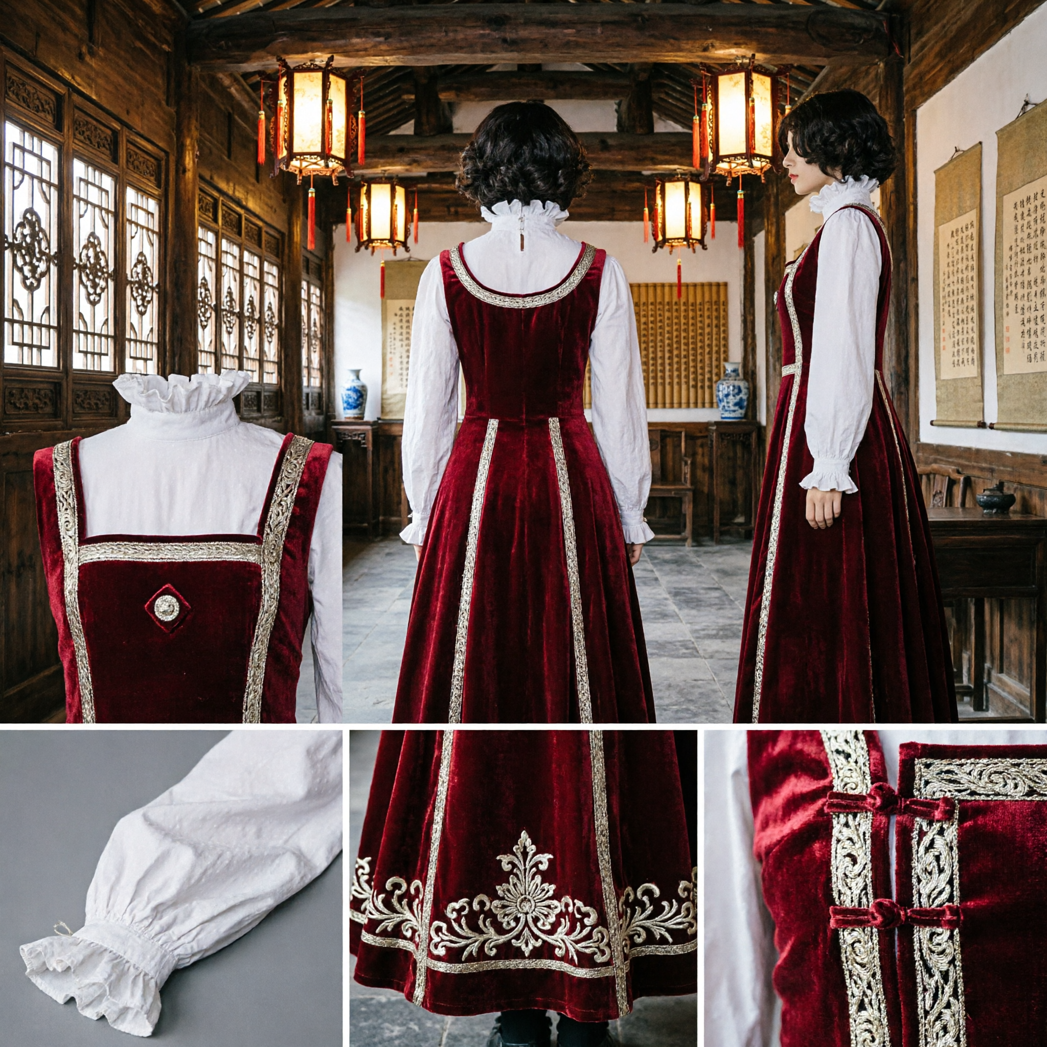 Elegant Red Renaissance Medieval Velvet Gown Historical Costume for Women Reenactment Theater and Cosplay Events - Asian Costume