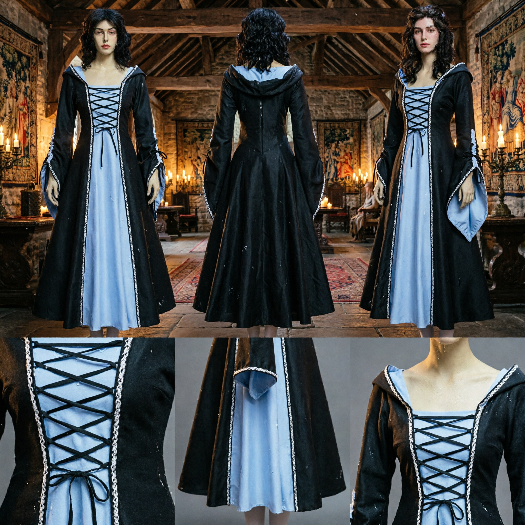 Women's Medieval Renaissance Costume Black Long Gown with Blue Underdress for Historical Cosplay and Halloween - Asian Costume