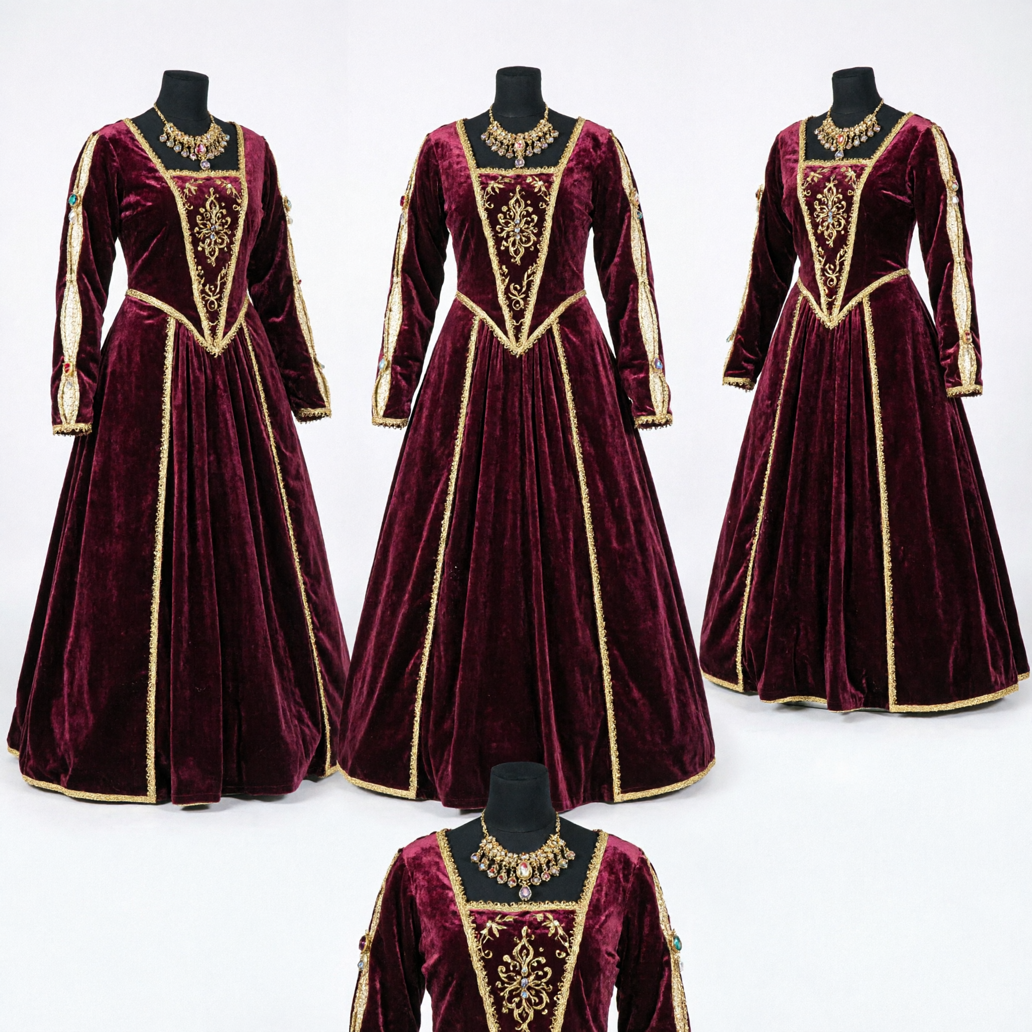 Women's Burgundy Velvet Medieval Renaissance Dress Long Sleeve Gold Trim Historical Costume for Cosplay Party - Asian Costume