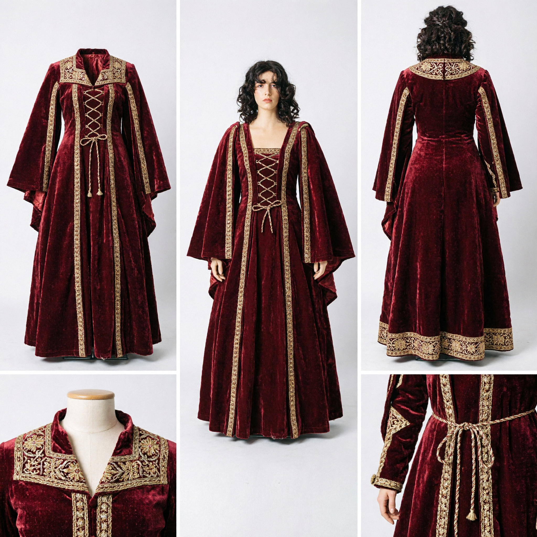 Women's Medieval Renaissance Velvet Gown with Cloak Gold Trim Noblewoman Cosplay Costume for Halloween Faire - Asian Costume