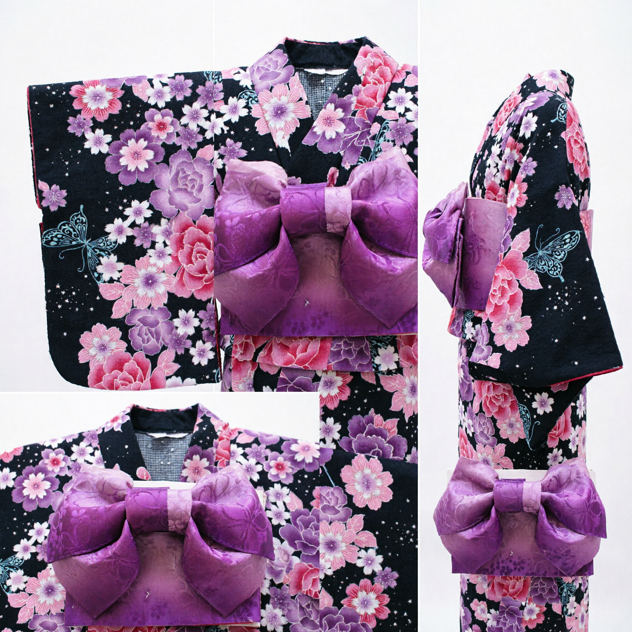 Traditional Black Japanese Kimono Set with Pink Floral Print and Purple Obi Bow for Women - Asian Costume