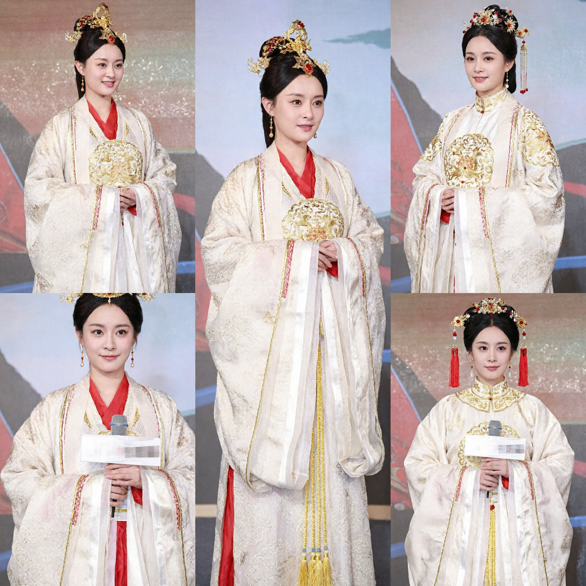 Traditional Chinese Hanfu Costume Ancient Empress Dress Cream and Red Robe with Gold Headpiece for Women - Asian Costume