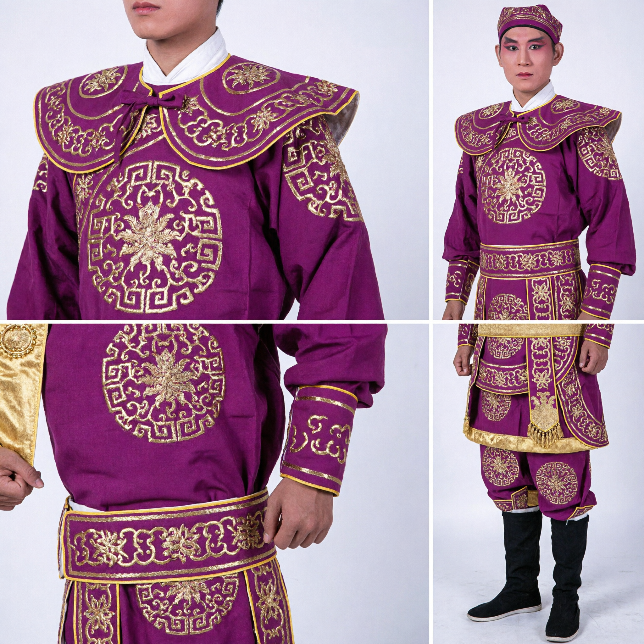 Traditional Chinese Peking Opera Purple Warrior Costume Complete Set with Gold Embroidery for Stage Performance - Asian Costume