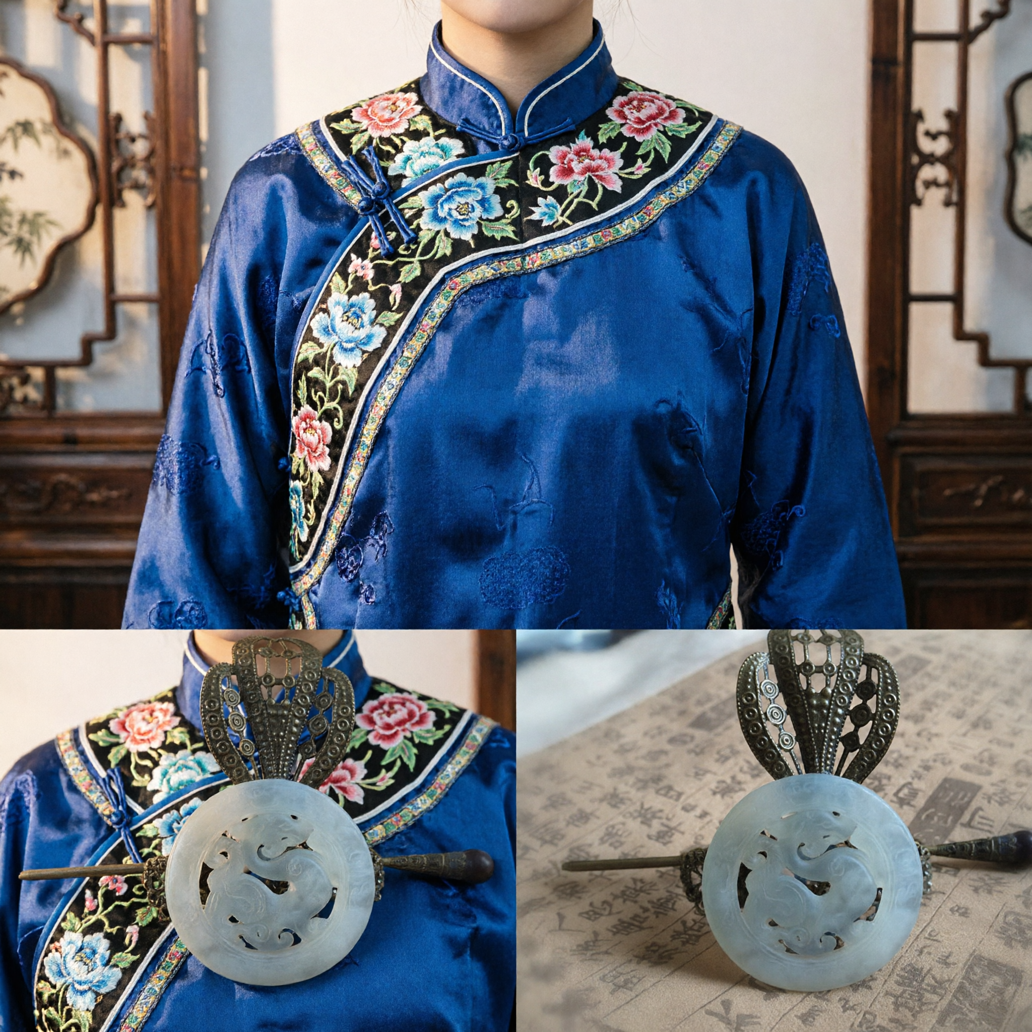 Traditional Chinese Jade Hairpin with Bronze Filigree Phoenix Design Ancient Hanfu Hair Stick for Women - Asian Costume