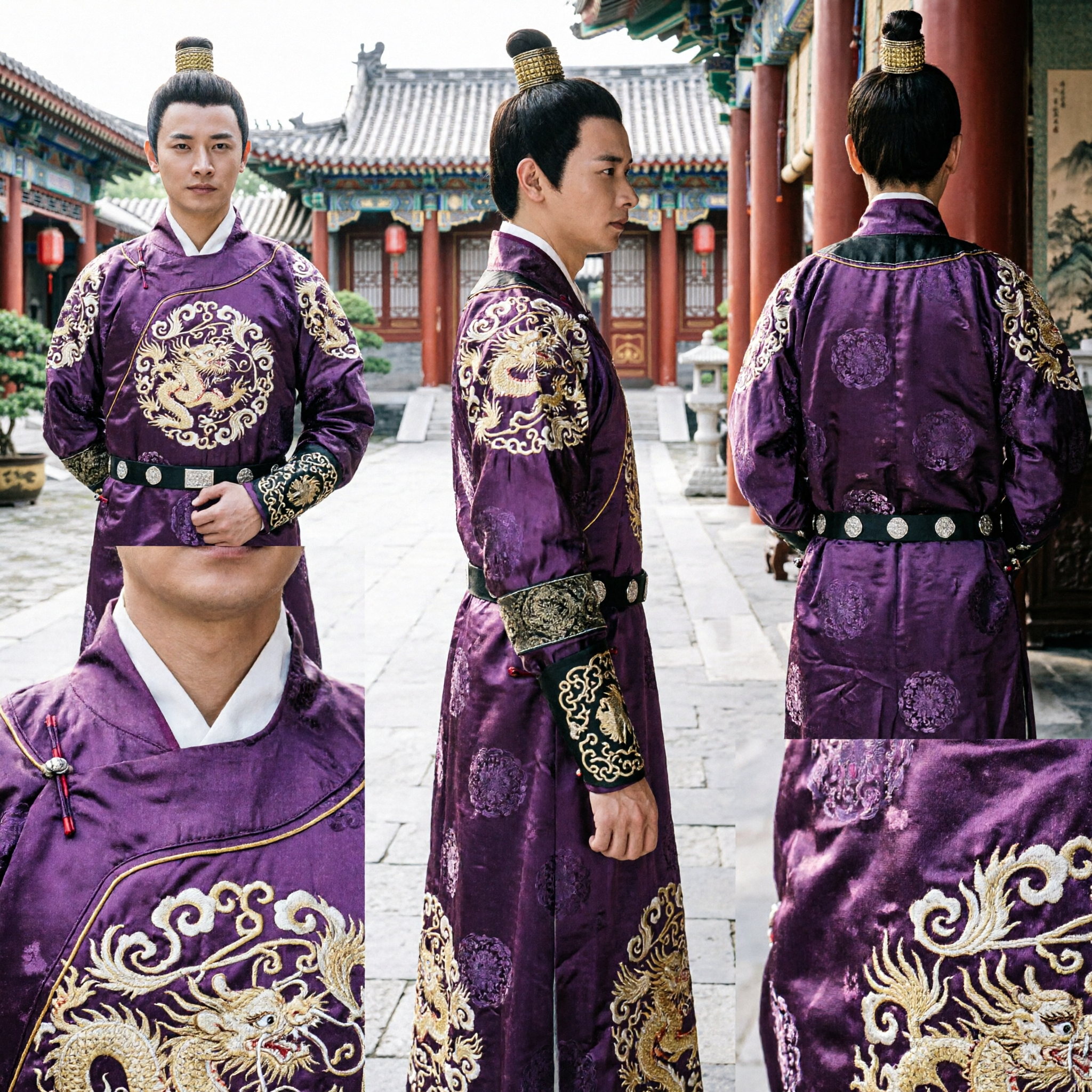 Ancient Chinese Male Wig Topknot with Gold Crown for Hanfu Period Drama Costume and Cosplay - Asian Costume