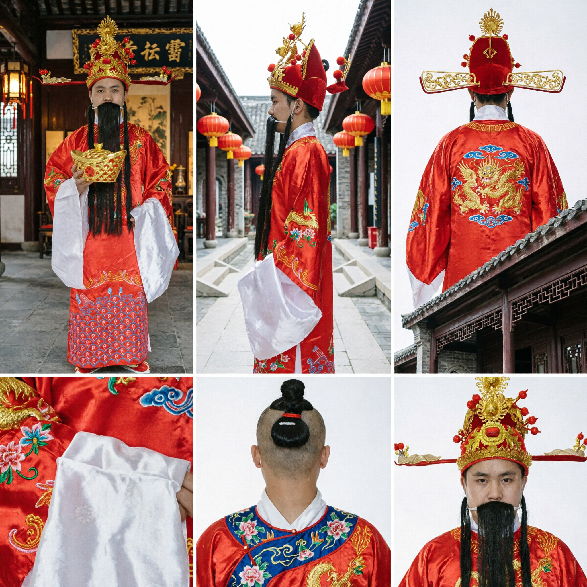 Traditional Chinese God of Wealth Costume Men Red Robe Caishen Outfit for Lunar New Year Performance - Asian Costume