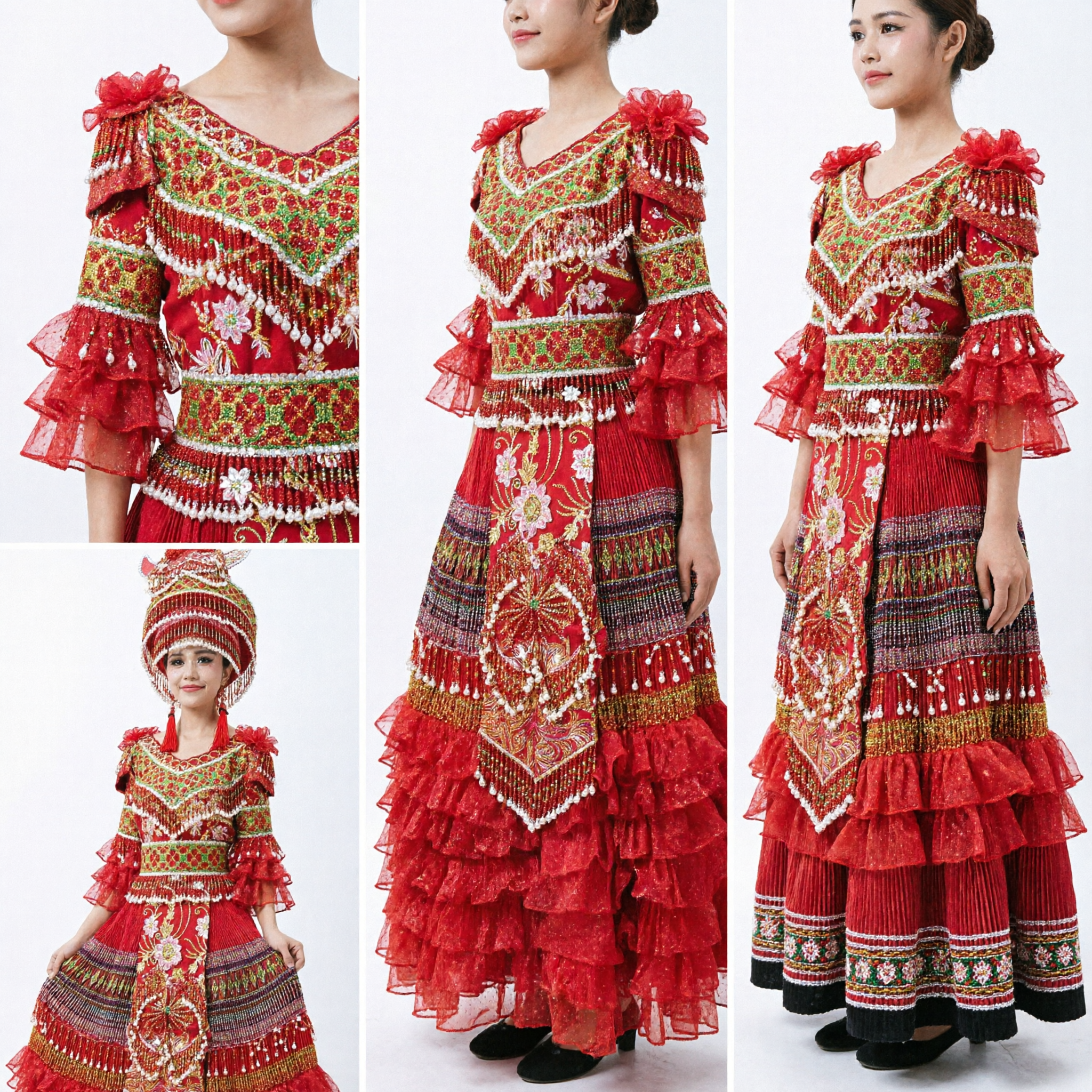 Traditional Chinese Ethnic Minority Red Wedding Dress Embroidered Folk Dance Costume Complete Set with Hat - Asian Costume