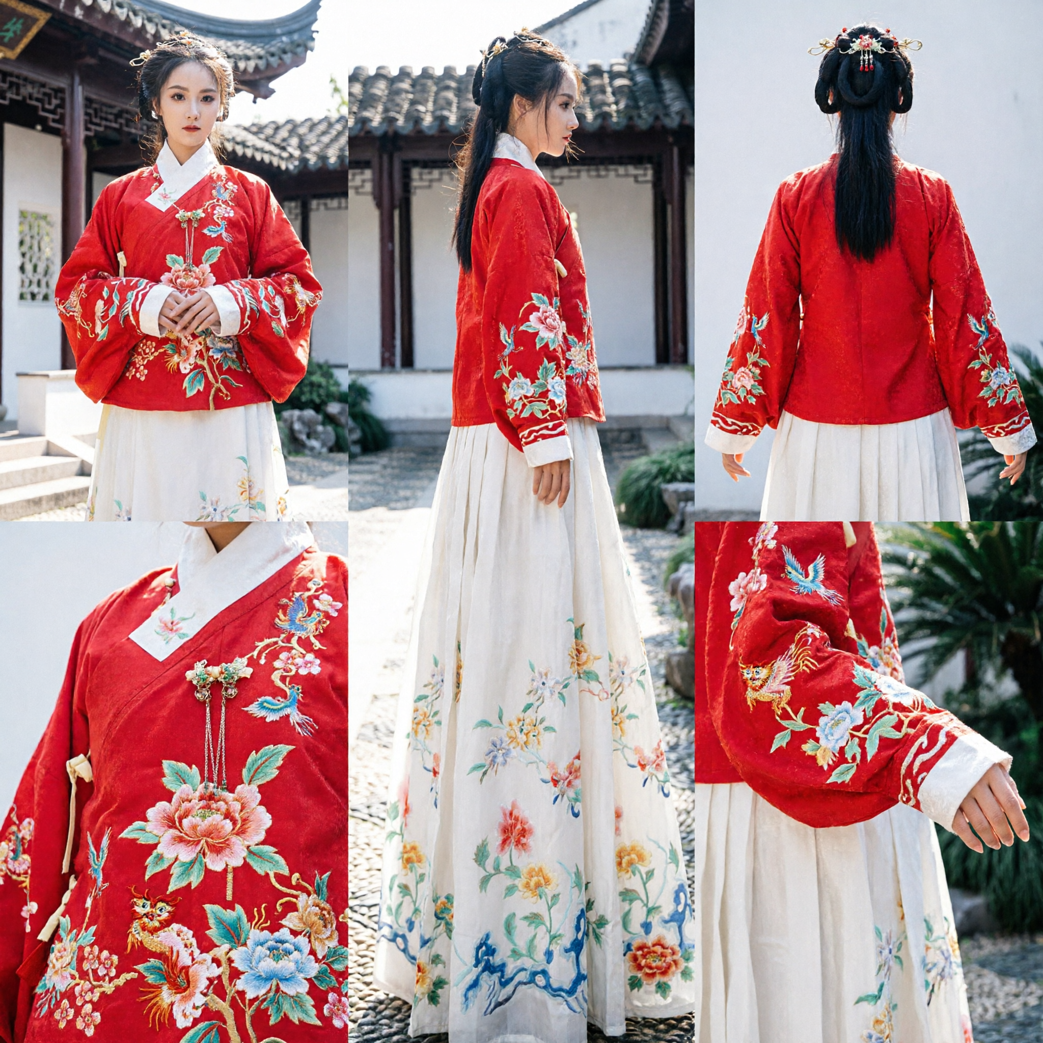 Traditional Chinese Hanfu Ming Dynasty Red Embroidered Ao Top and Floral Skirt Costume for Women - Asian Costume