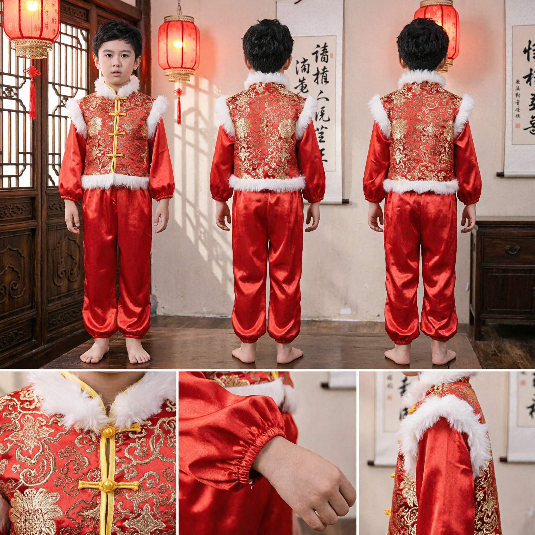 Kids Traditional Chinese Tang Suit Red Gold Embroidery Fur Trim Vest Pants Set for New Year Festival - Asian Costume
