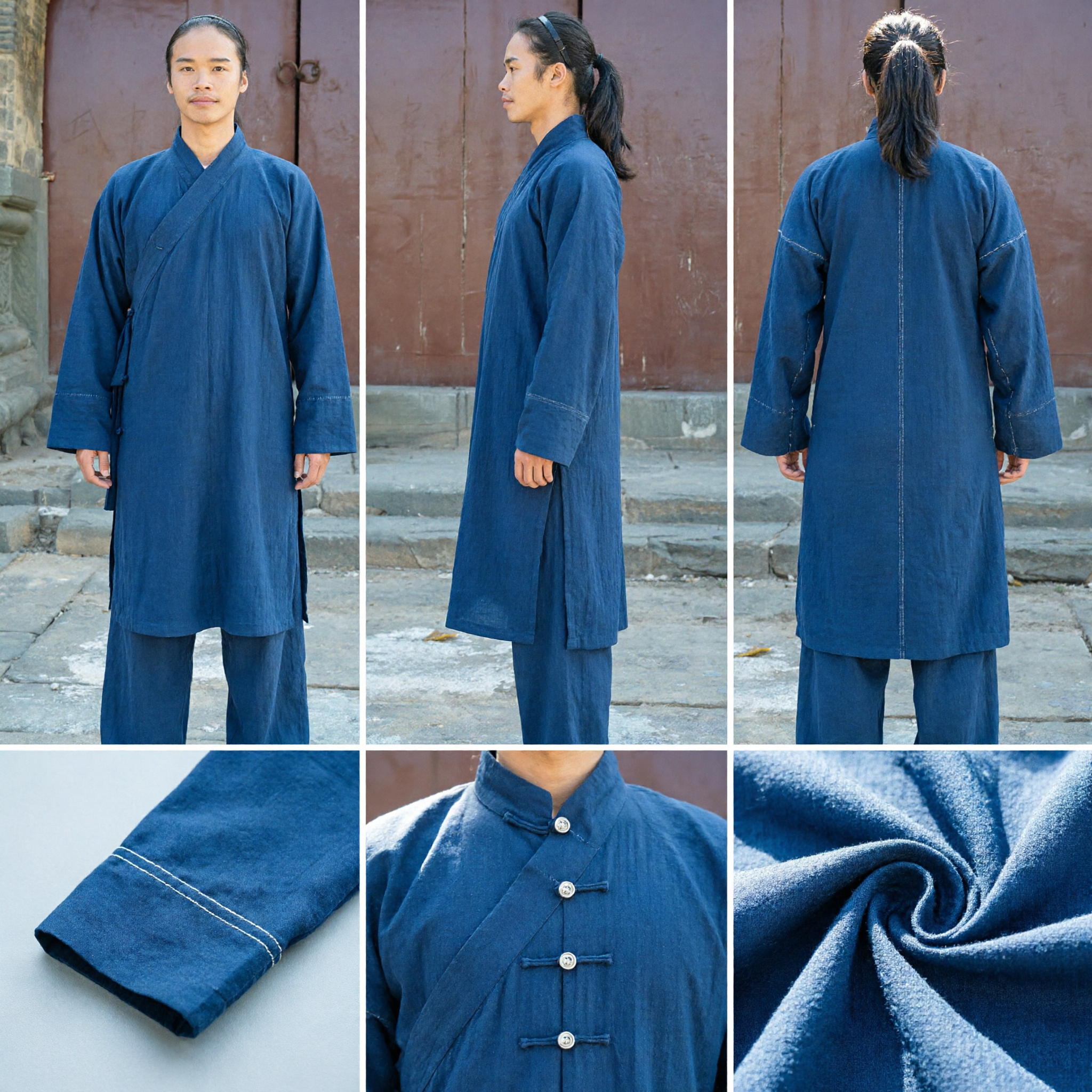 Men's Traditional Chinese Kung Fu Uniform Blue Linen Tai Chi Suit Shaolin Monk Robe for Wushu Practice - Asian Costume