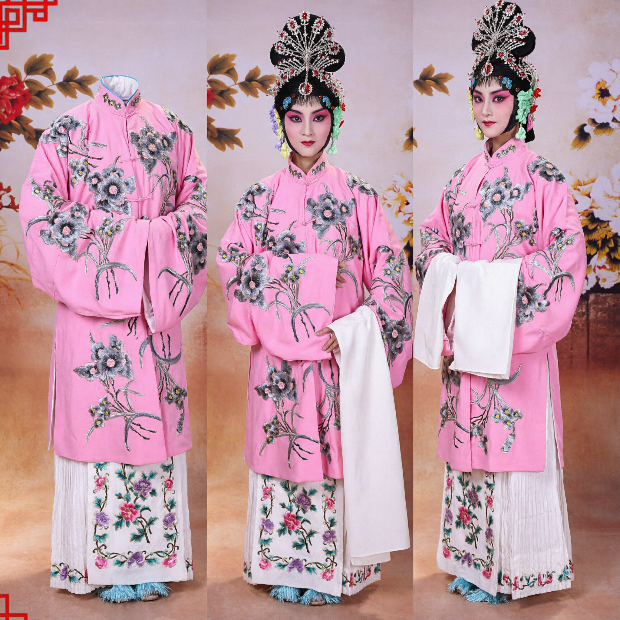 Traditional Chinese Peking Opera Costume Pink Embroidered Robe and Skirt Set for Women Stage Performance - Asian Costume