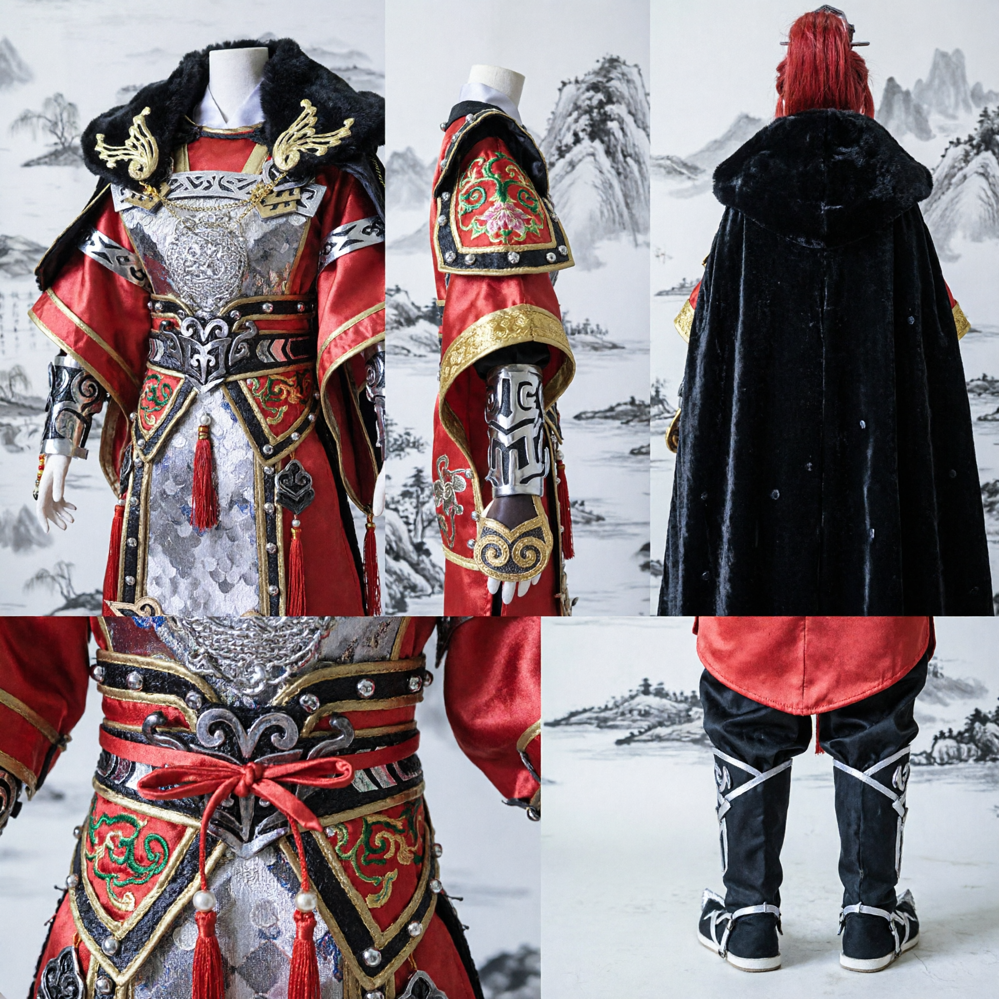 Ancient Chinese General Armor Red Black Warrior Hanfu Cosplay Costume for BJD Doll Display - Asian Costume