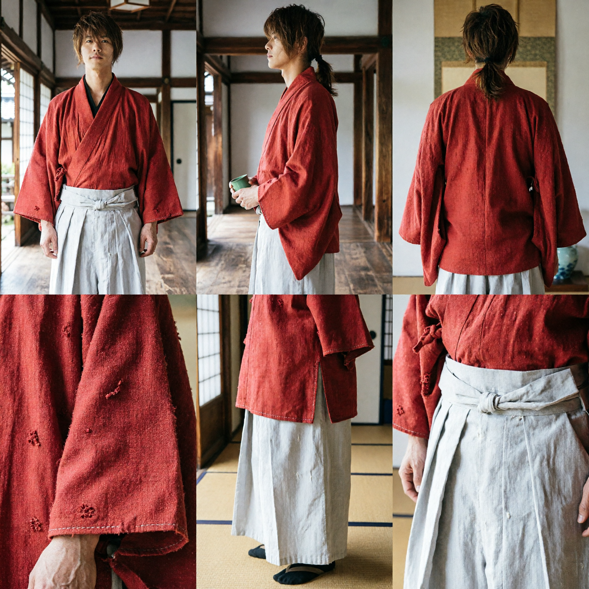 Mens Red Japanese Kimono Top and White Hakama Pants Set Traditional Samurai Cosplay Costume for Men - Asian Costume