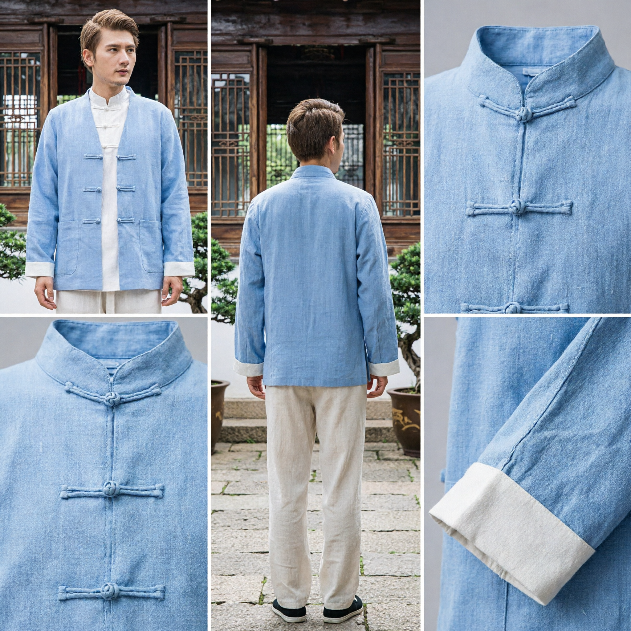 Men's Light Blue Traditional Chinese Tang Suit Linen Kung Fu Jacket Tai Chi Uniform for Meditation - Asian Costume