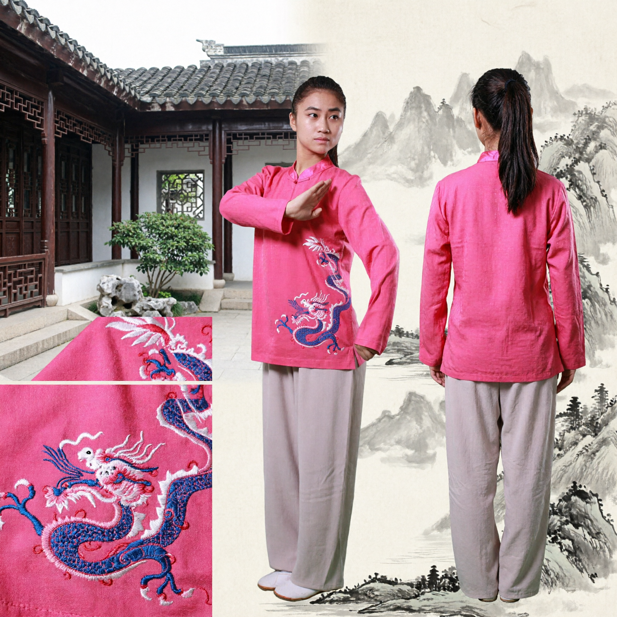 Women's Pink Tai Chi Uniform Traditional Chinese Dragon Embroidery Kung Fu Suit for Martial Arts Practice - Asian Costume