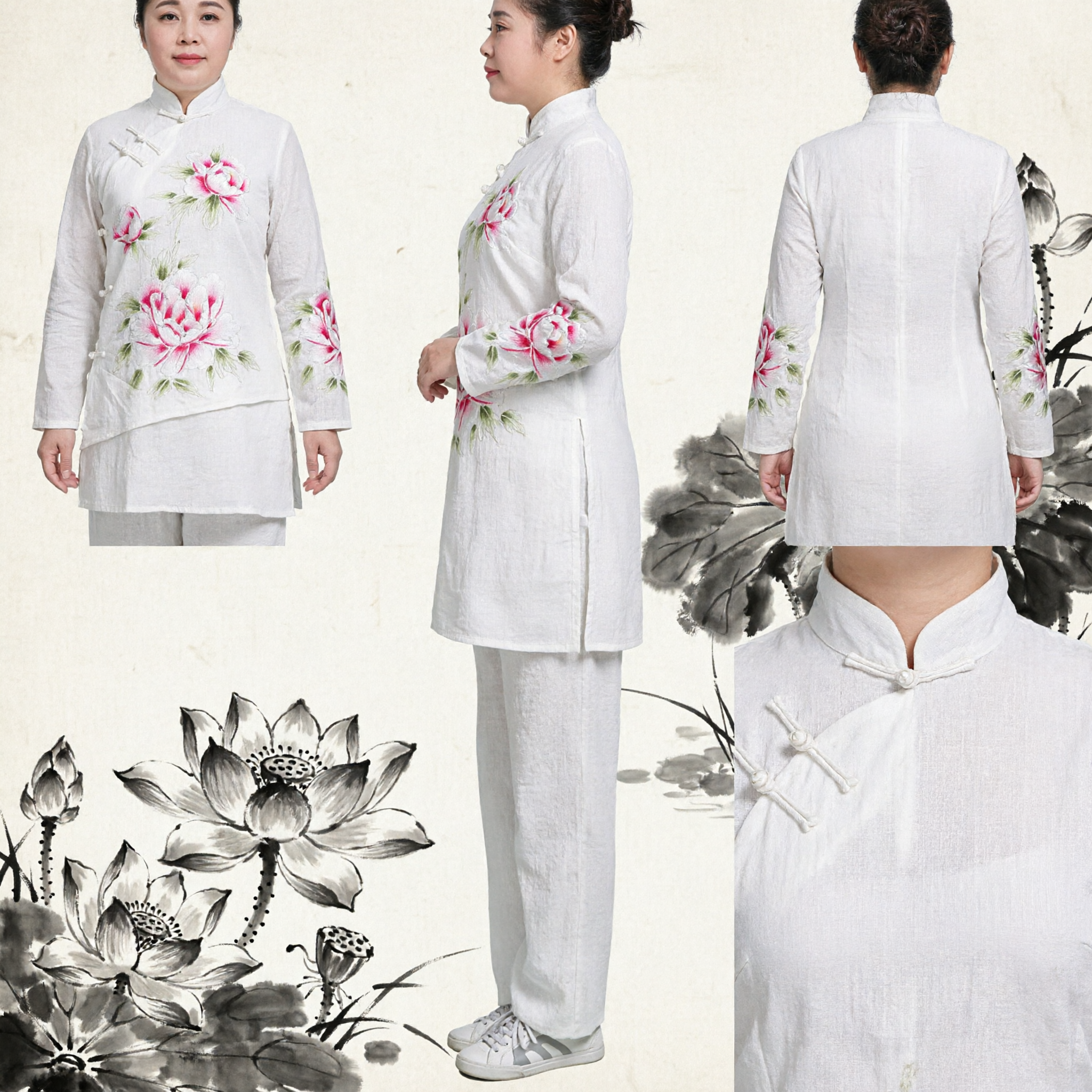 Women's White Linen Tang Suit Traditional Chinese Clothing with Lotus Embroidery for Tai Chi and Daily Wear - Asian Costume