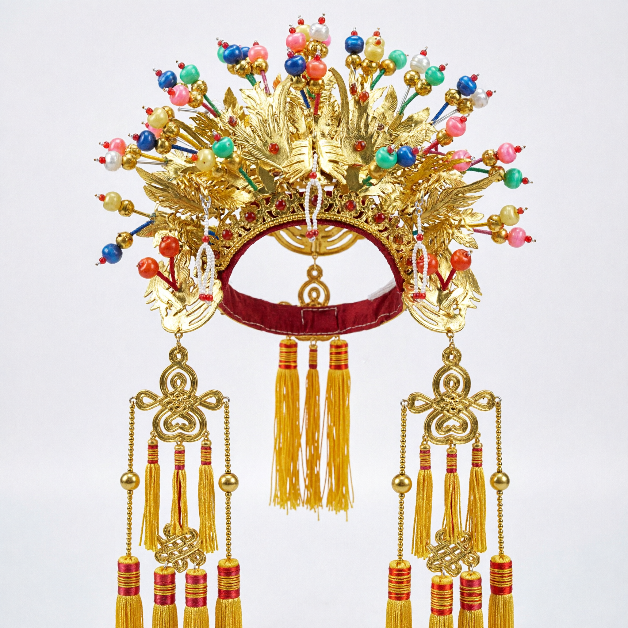 Traditional Chinese Phoenix Crown Gold Headdress with Colorful Beads and Long Tassels for Opera Wedding Costume - Asian Costume