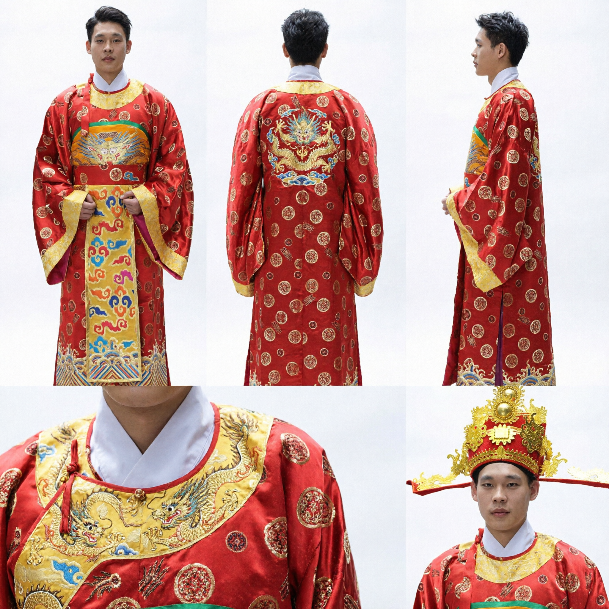 Traditional Chinese God of Wealth Caishen Costume for Men Red Embroidered Robe Hat and Gold Ingot Prop - Asian Costume
