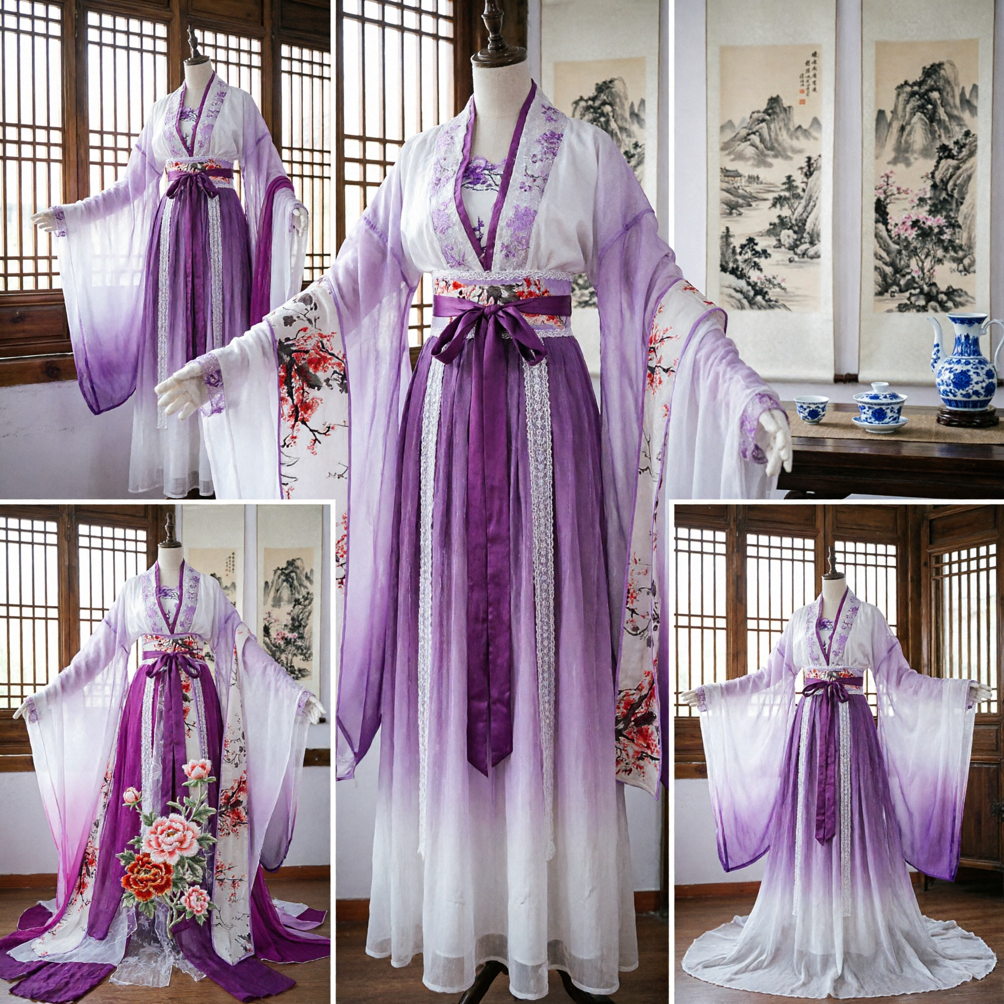 Elegant Purple Floral Hanfu Traditional Chinese Costume Wide Sleeve Robe Ancient Dress for Women Performance - Asian Costume