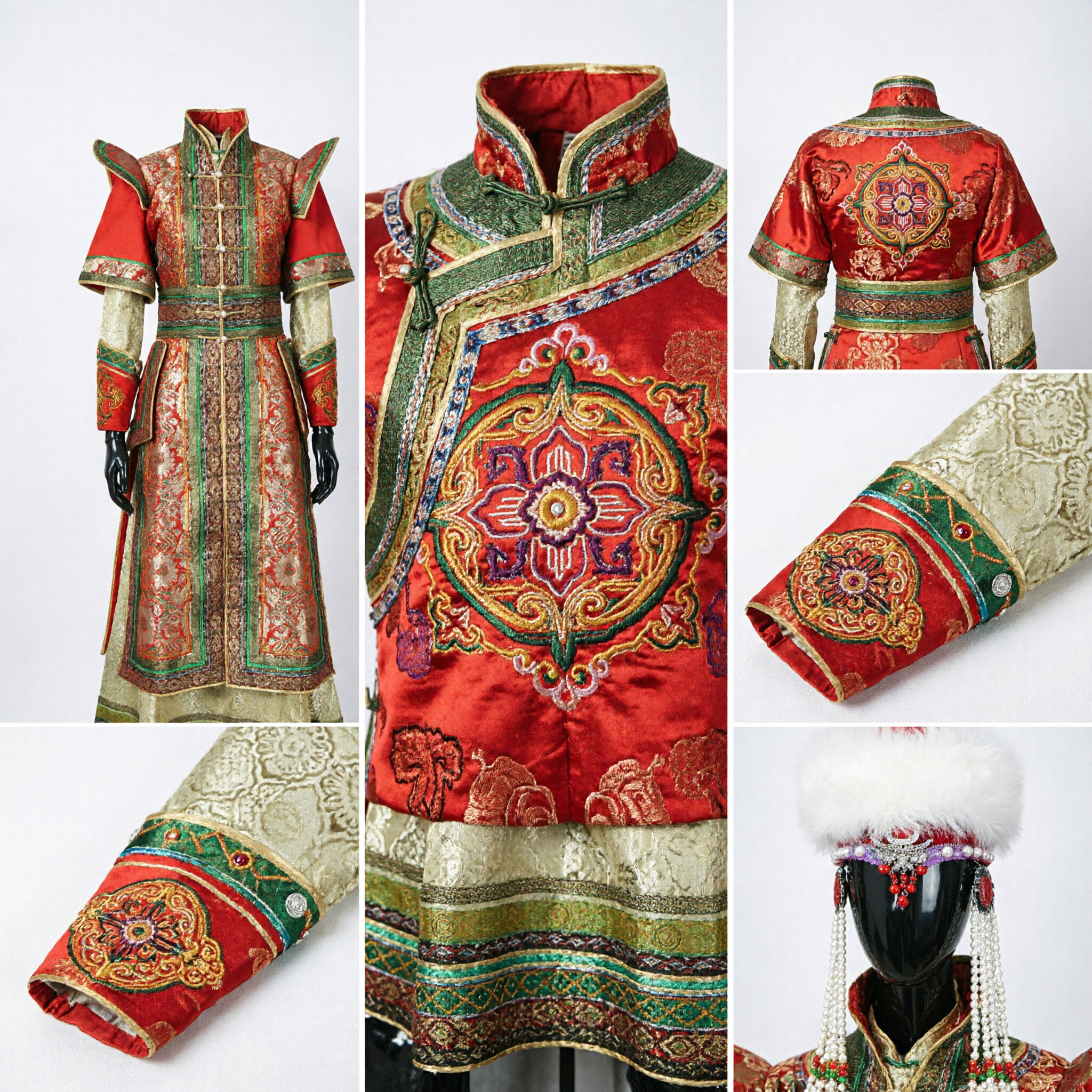 Traditional Mongolian Ethnic Minority Costume for Women Red Embroidered Robe with Fur Hat for Stage Performance - Asian Costume