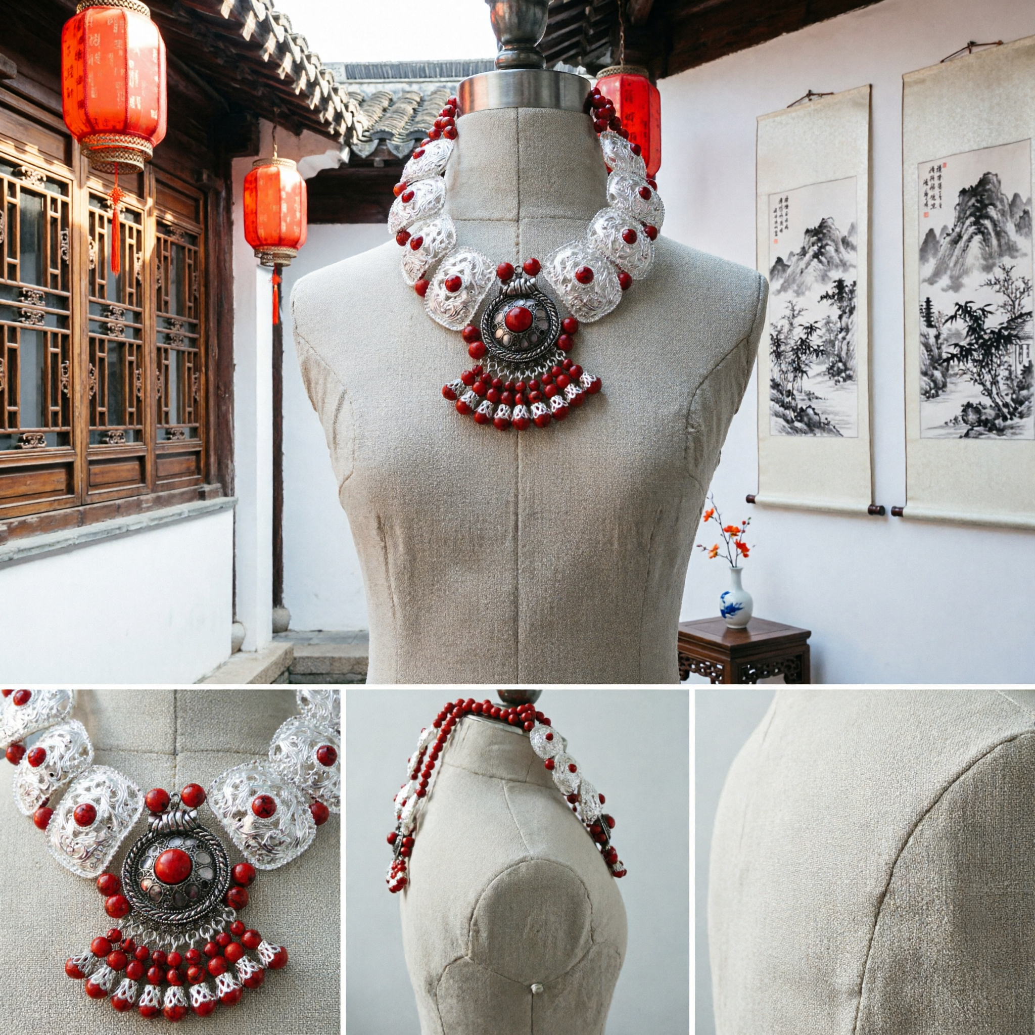 Traditional Chinese Miao Silver Necklace with Red Beads Ethnic Tribal Bridal Costume Jewelry Statement Piece for Women - Asian Costume