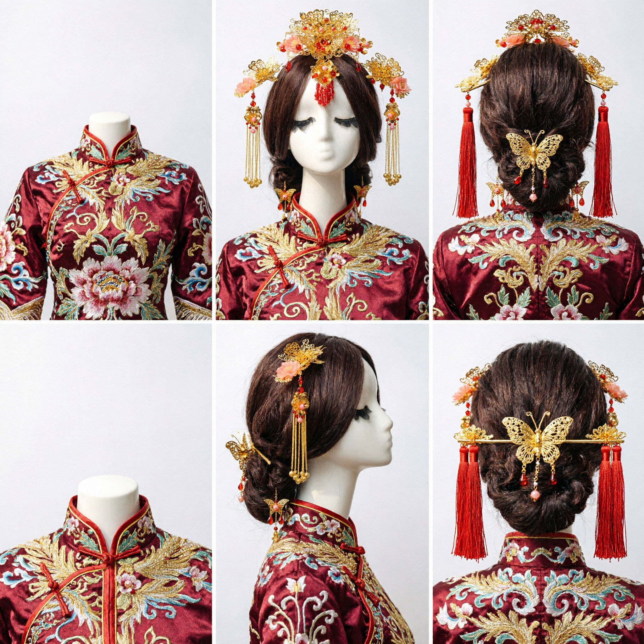 Traditional Chinese Wedding Hair Accessories Set Gold Butterfly Flower Crown with Red Tassels for Bride - Asian Costume