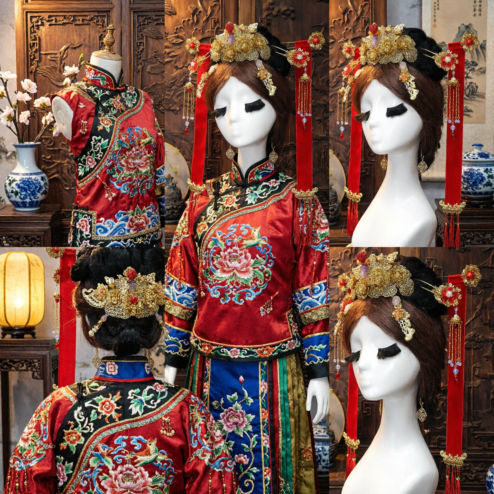 Exquisite Ancient Chinese Hanfu Hair Accessories Gold Crown with Red Ribbons Traditional Palace Style Headpiece for Women Wedding Cosplay - Asian Costume