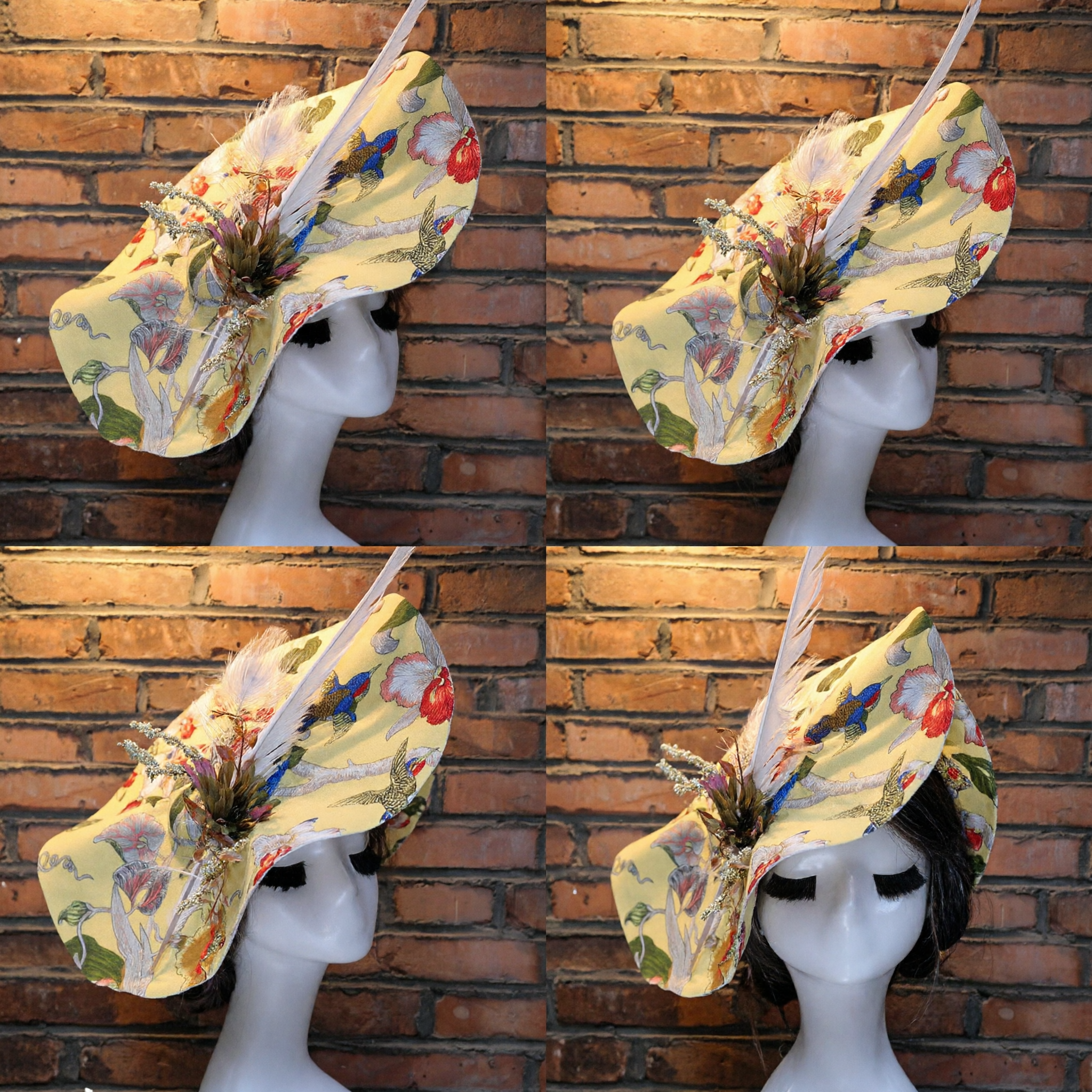 Elegant Yellow Wide Brim Fascinator Hat with Floral Bird Print and Feathers for Women's Traditional Chinese Wedding - Asian Costume