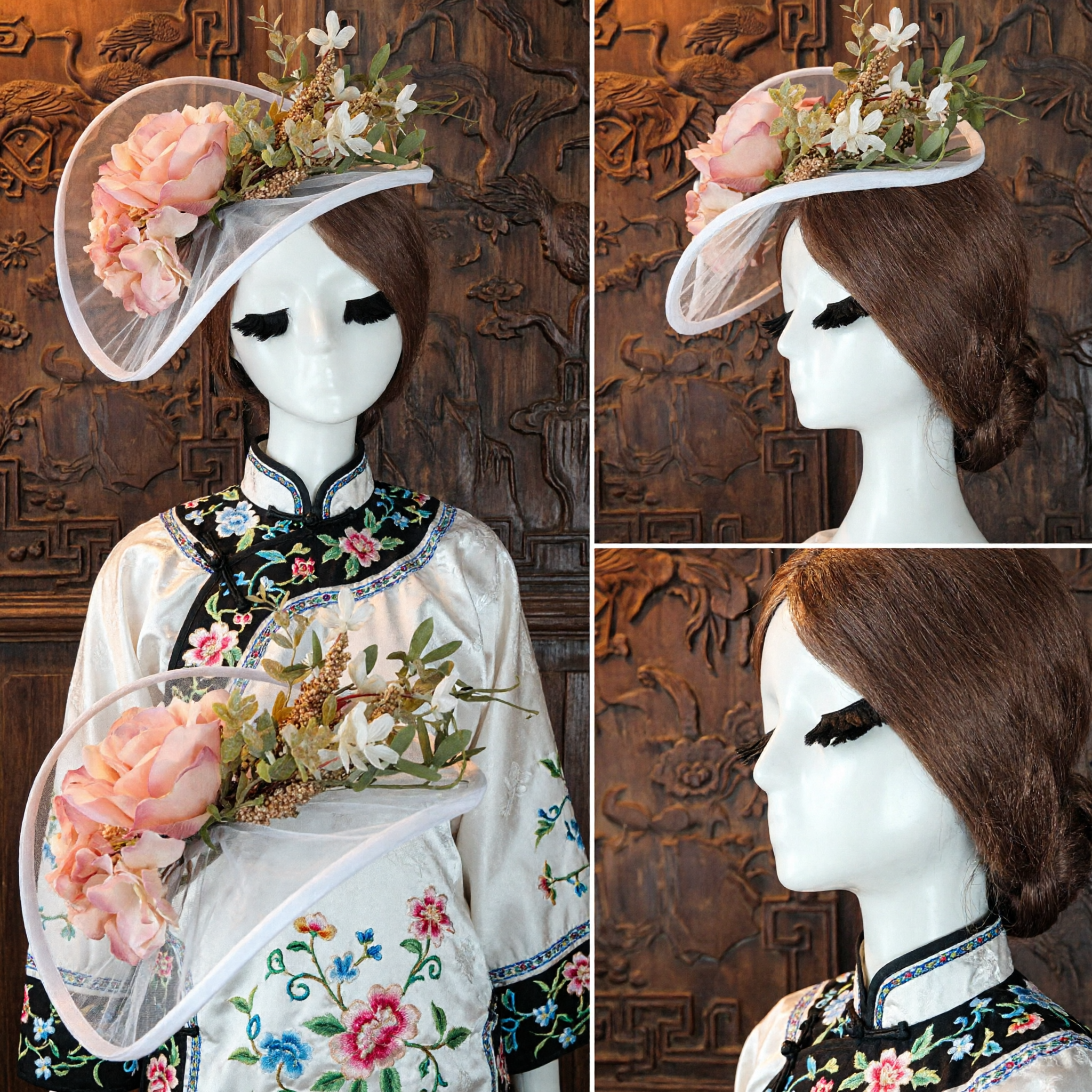 Elegant Floral Visor Fascinator Hat with Pink Roses for Wedding Derby Party Formal Occasions - Asian Costume