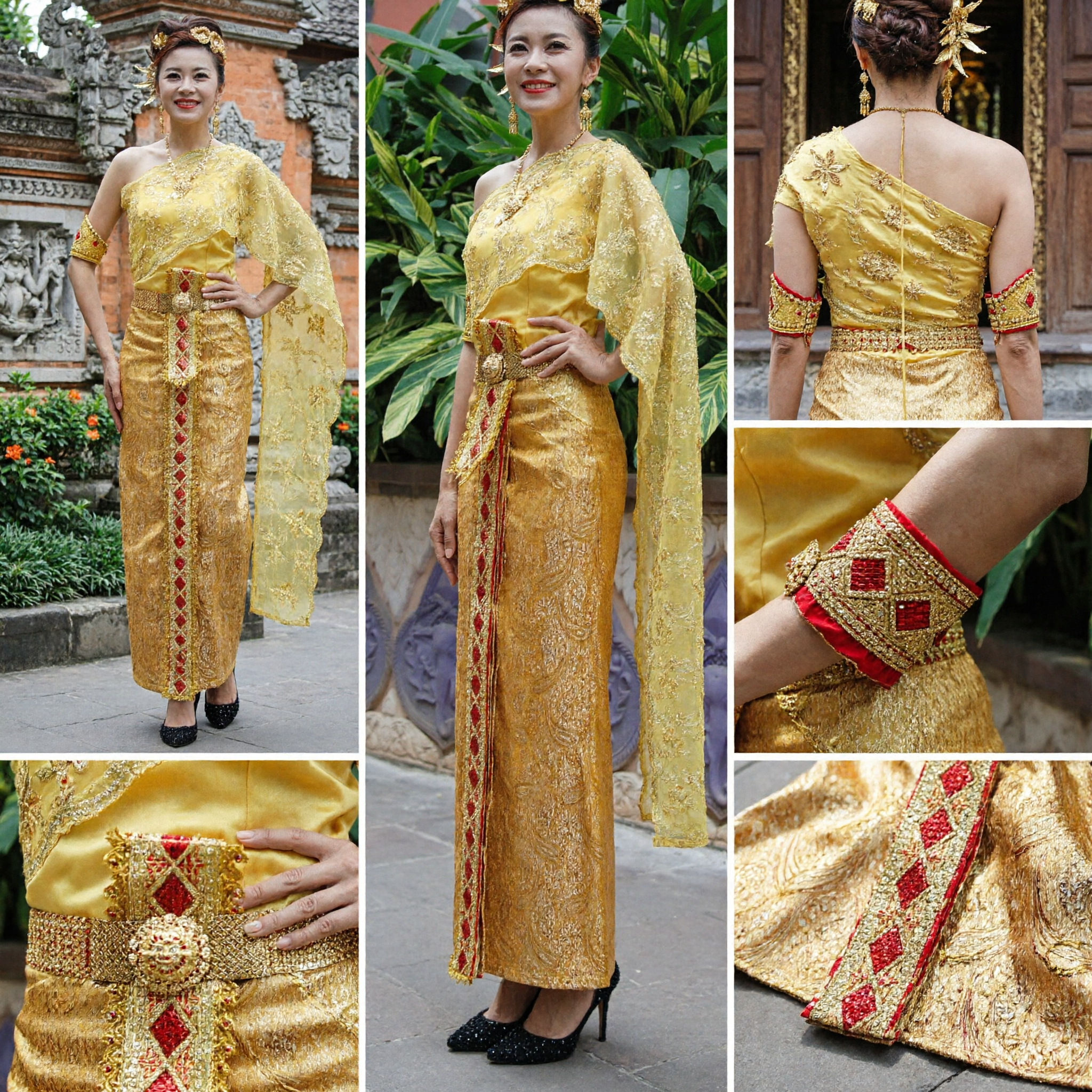 Elegant Gold Thai Traditional Dress Set One Shoulder Sabai and Brocade Skirt for Wedding Performance - Asian Costume