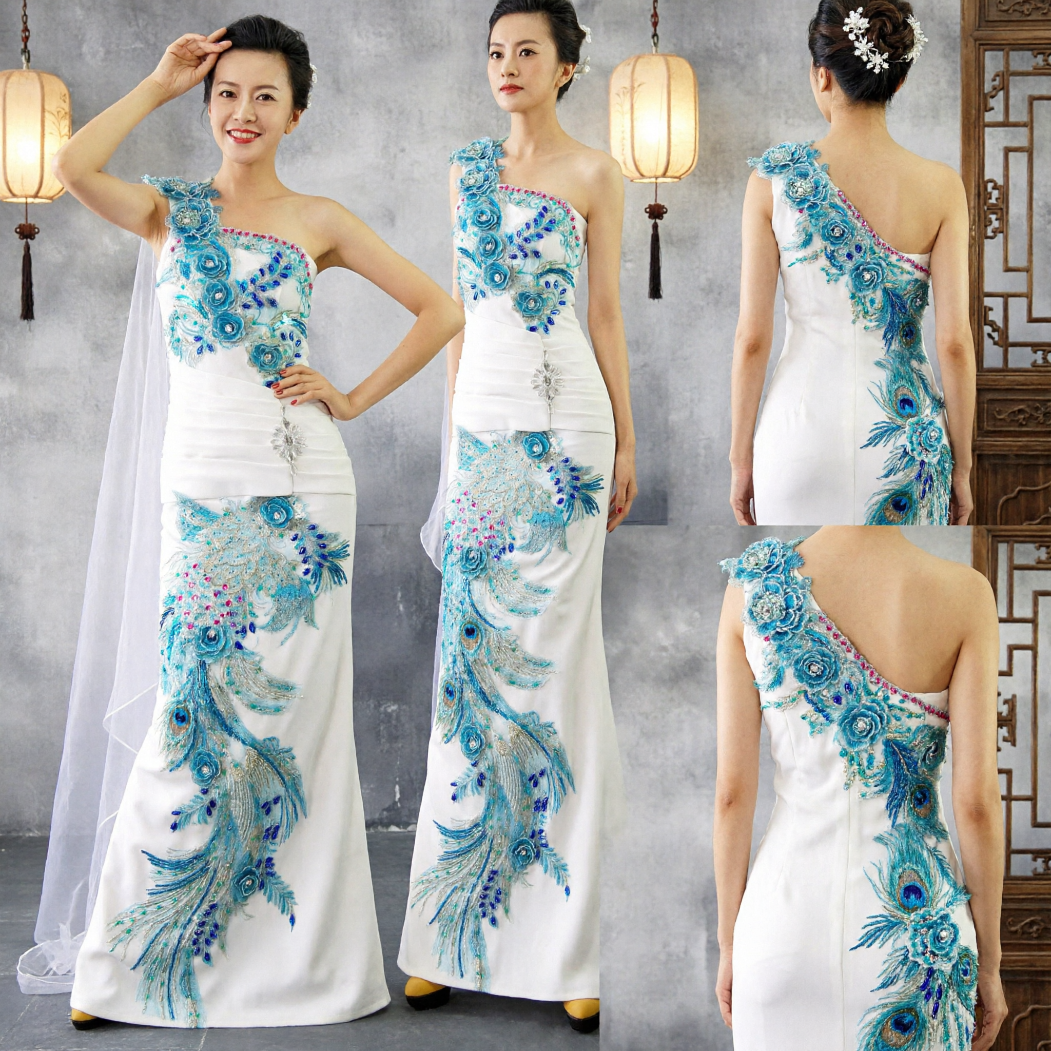 Women's White One-Shoulder Peacock Embroidery Cheongsam Dress Traditional Chinese Hostess Stage Performance Evening Gown - Asian Costume