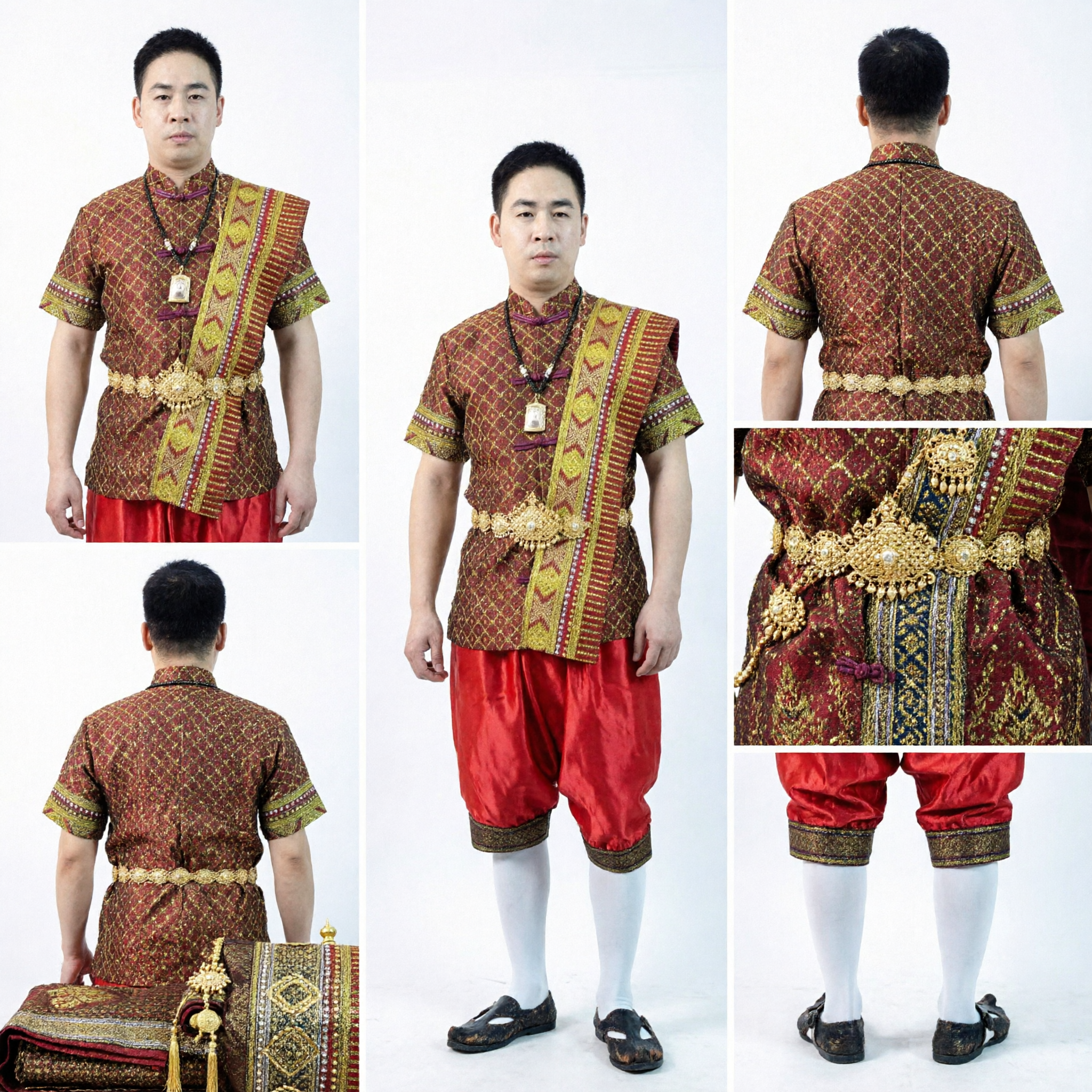 Traditional Thai Men's Costume Set Gold Geometric Pattern Shirt and Red Pants for Cultural Festivals - Asian Costume