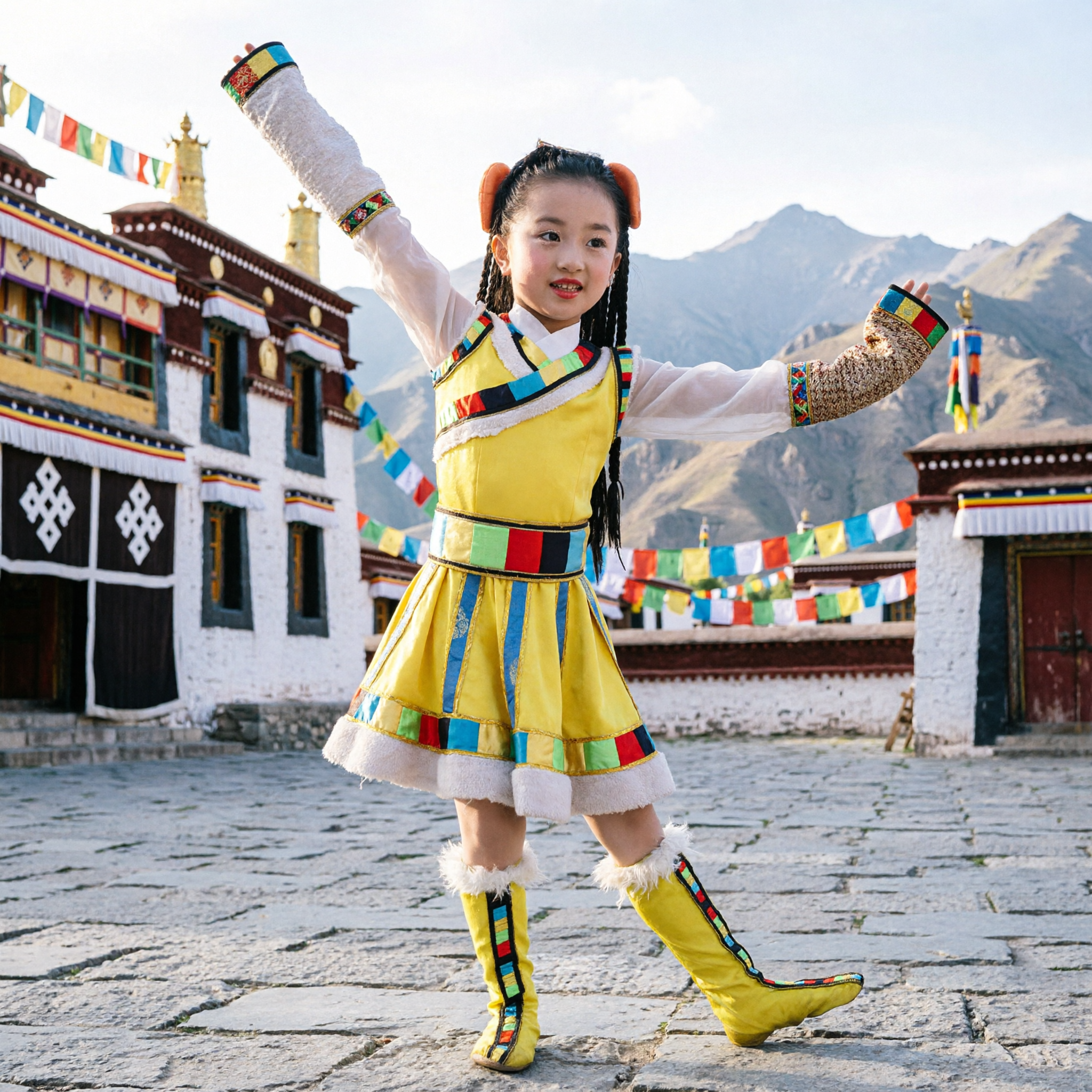 Girls Traditional Tibetan Yellow Dance Costume Ethnic Stage Performance Outfit with Matching Boots and Trim - Asian Costume