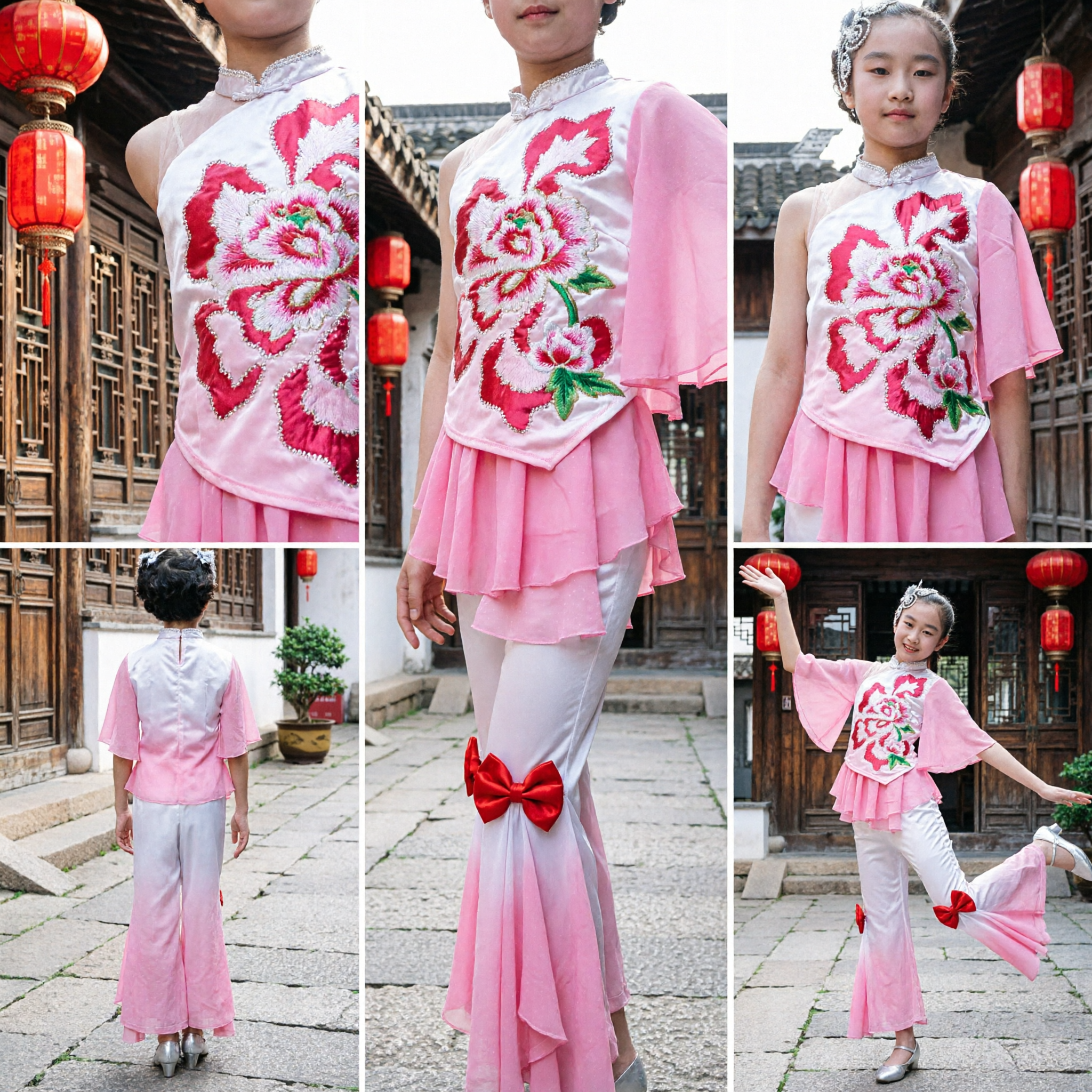 Girls Pink and White Chinese Folk Dance Costume Traditional Yangge Fan Dress Stage Performance Outfit for Kids - Asian Costume