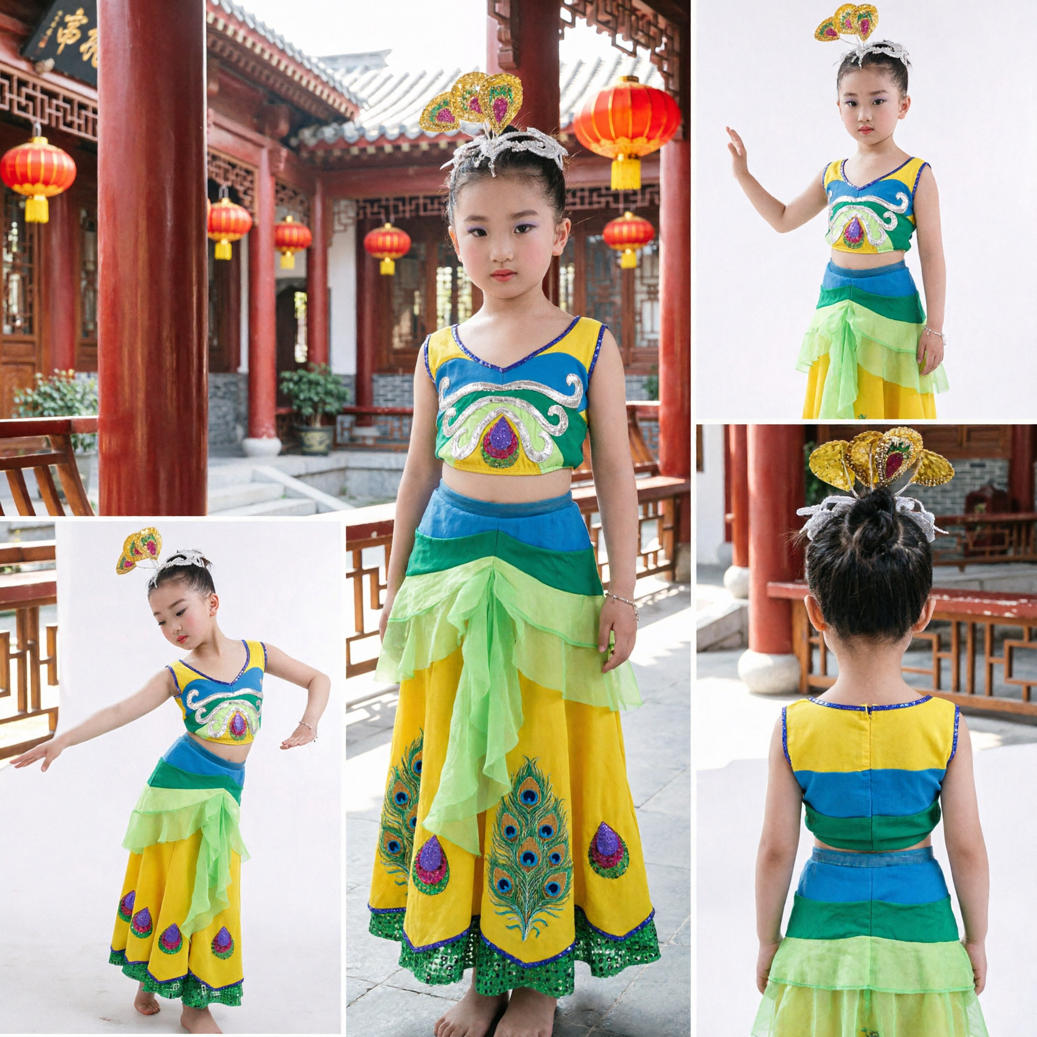Traditional Chinese Dai Peacock Dance Costume for Girls Kids Stage Performance Outfit Yellow Green - Asian Costume