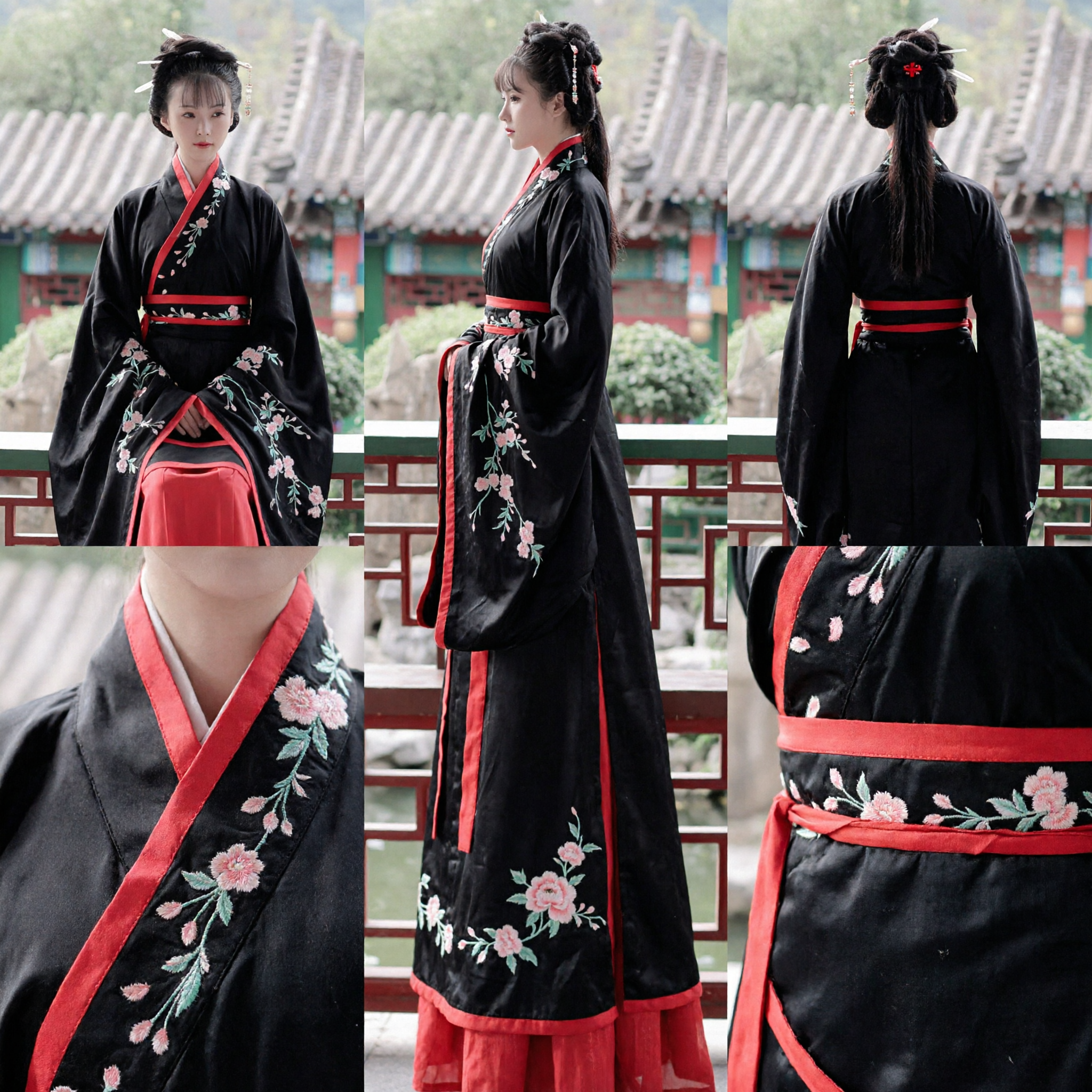 Traditional Chinese Hanfu Costume for Women Black Floral Embroidery Ancient Clothing for Photography and Cosplay - Asian Costume