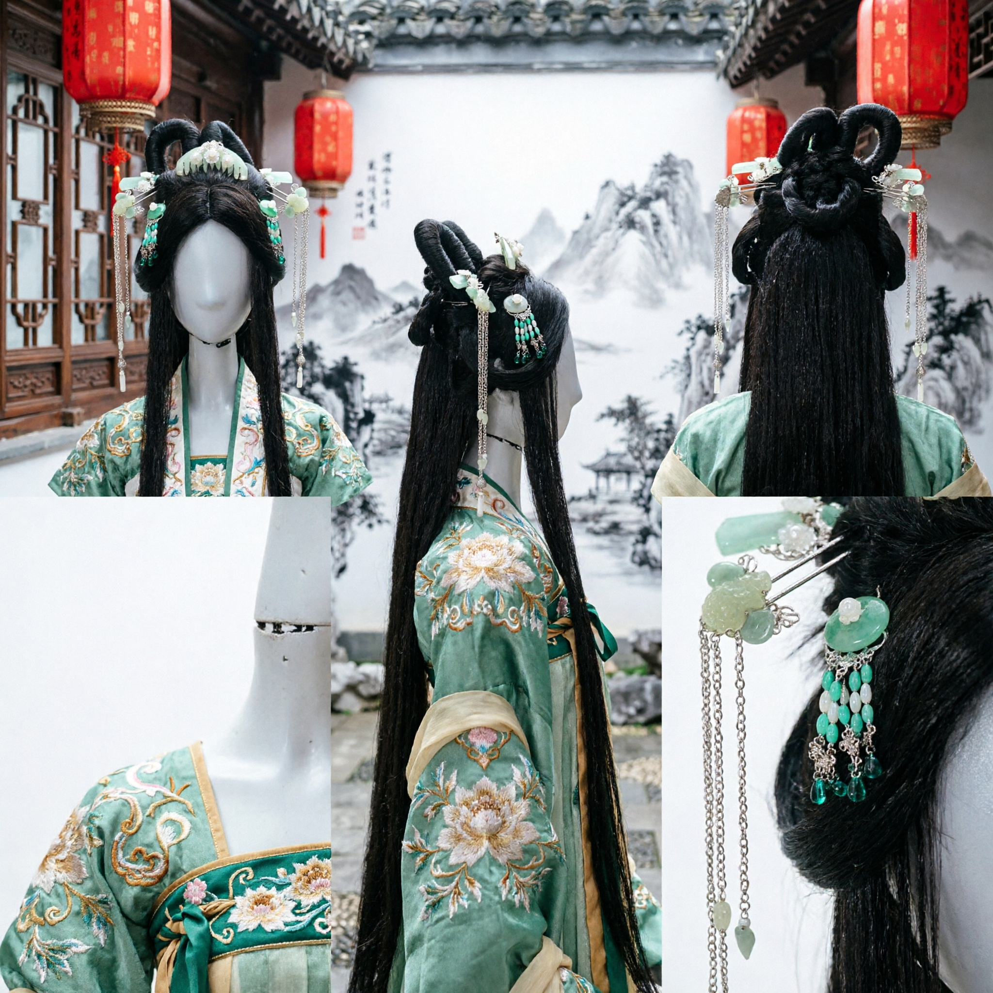 Traditional Ancient Chinese Hanfu Wig Set with Green Jade Hair Accessories for Women Cosplay Performance - Asian Costume