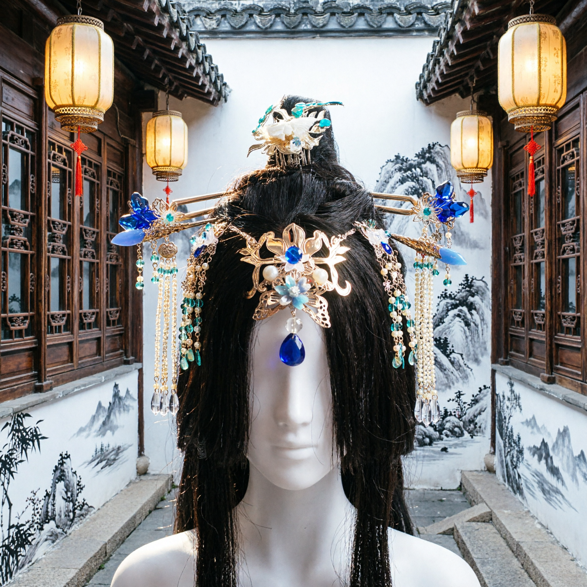 Ancient Chinese Blue Hairpin Set Traditional Hanfu Headpiece Palace Style Hair Jewelry Accessories for Women Cosplay Wedding - Asian Costume