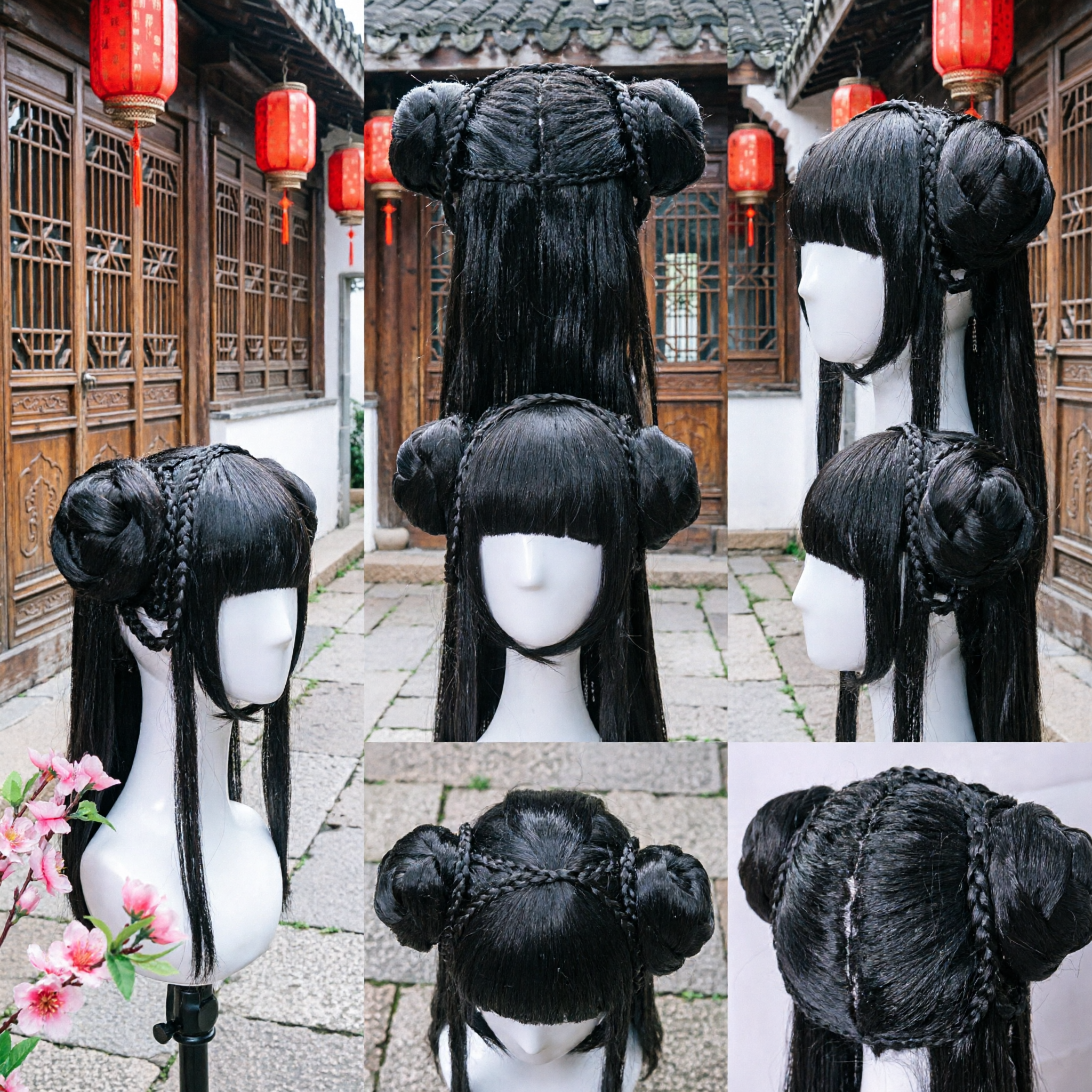 Traditional Chinese Ancient Style Wig Double Buns Braided Hanfu Cosplay Hairpiece for Women and Girls - Asian Costume