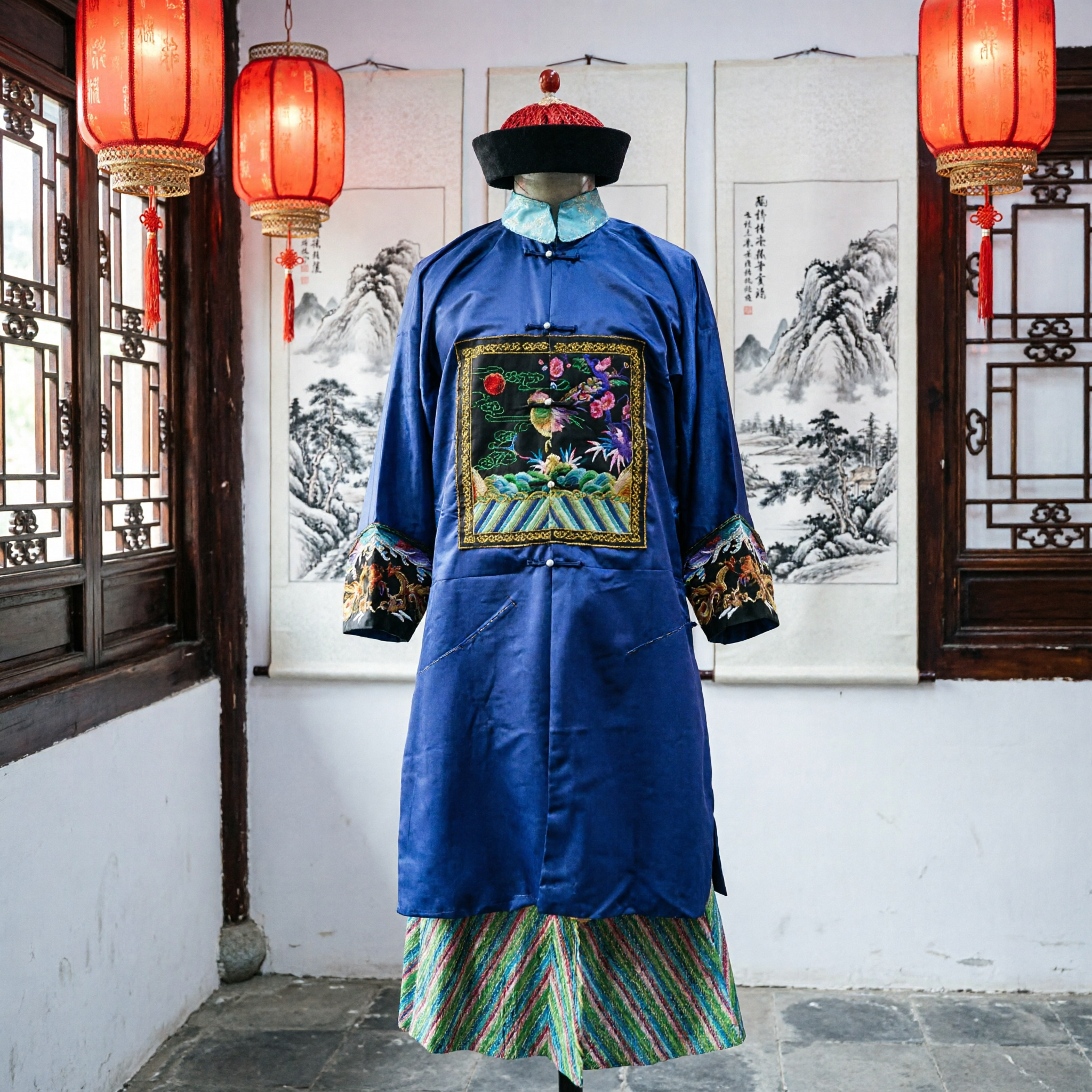 Traditional Qing Dynasty Civil Official Blue Robe with Crane Mandarin Square Historical Costume for Men - Asian Costume
