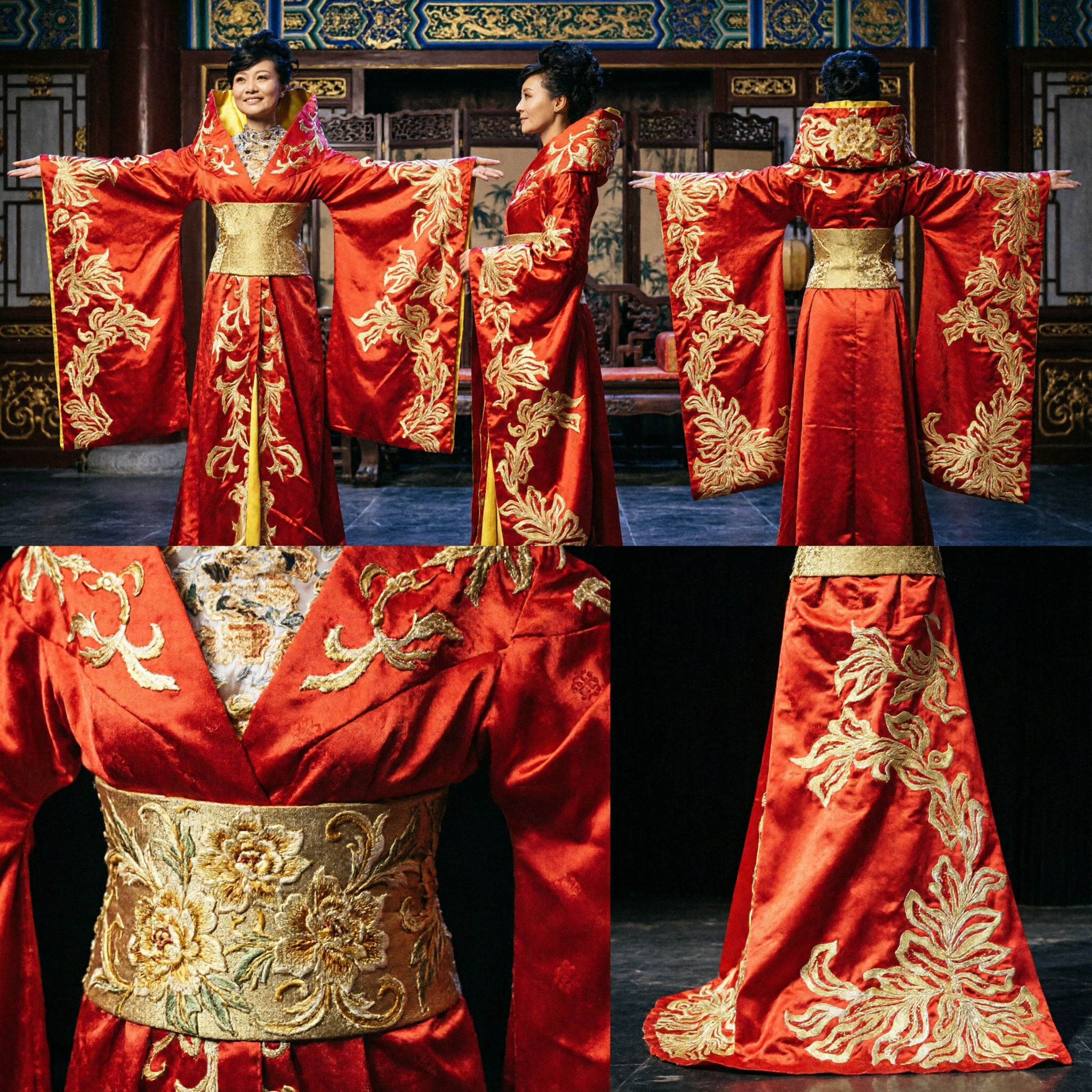 Traditional Chinese Red Stage Costume with Gold Embroidery for Folk Singing and Dance Performance - Asian Costume