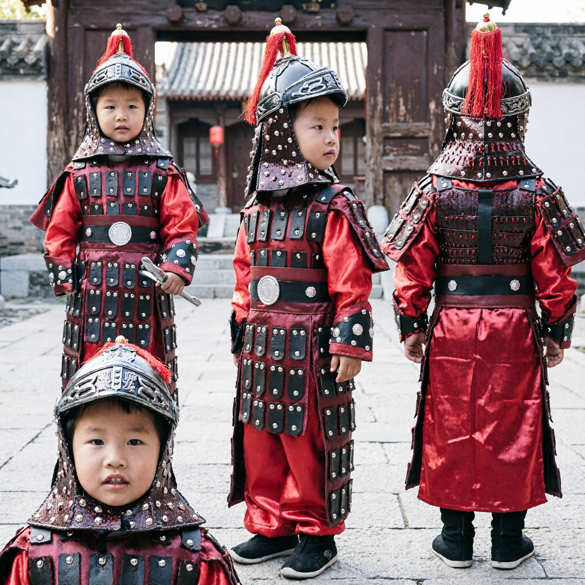 Boys Ancient Chinese Warrior General Armor Costume Red Soldier Suit with Helmet for Kids Halloween - Asian Costume