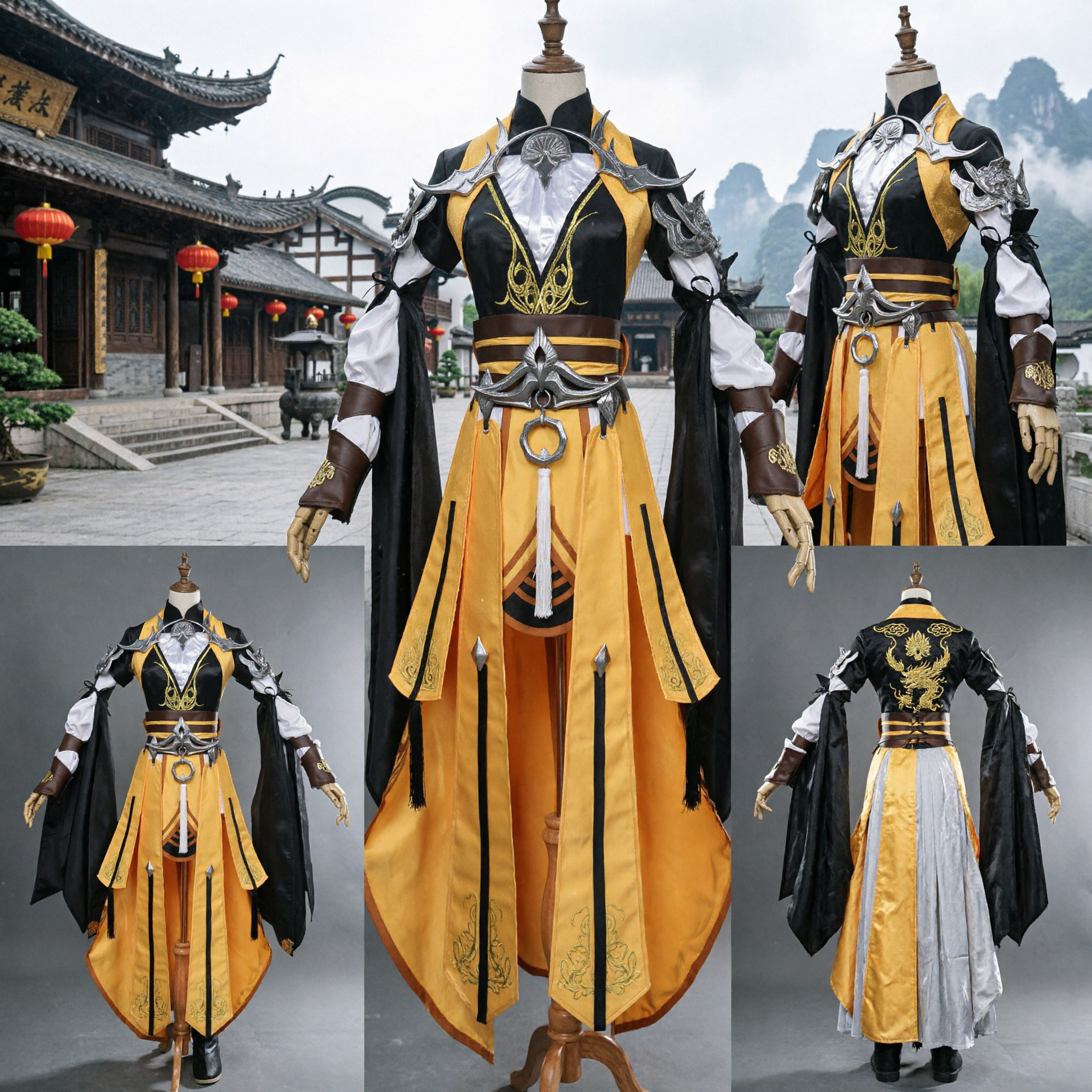 Men's Chinese Wuxia Swordsman Cosplay Costume Yellow Black Ancient Warrior Hanfu Outfit for Stage Performance - Asian Costume