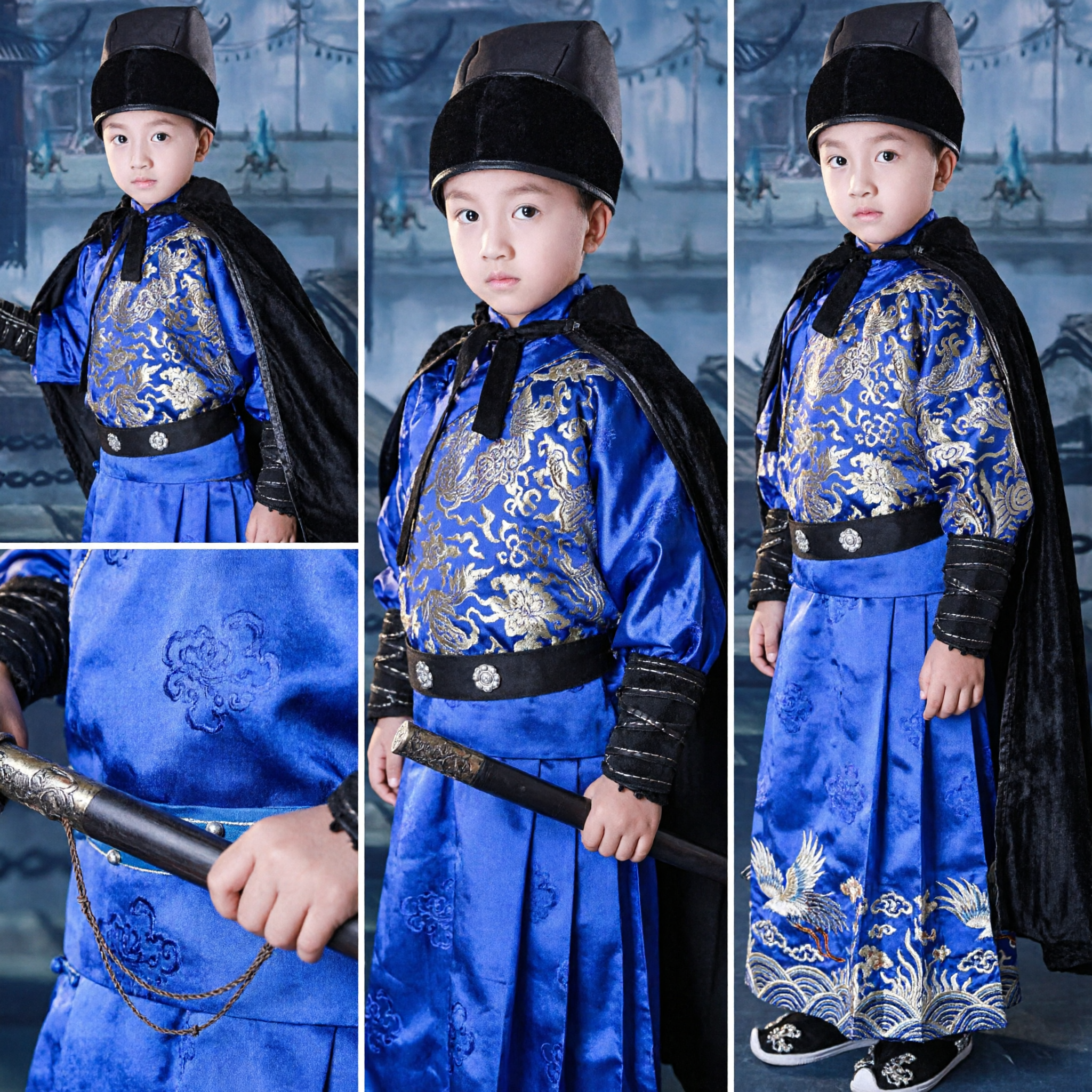 Kids Boys Traditional Chinese Ming Dynasty Jin Yi Wei Imperial Guard Cosplay Costume Blue Robe with Cape - Asian Costume
