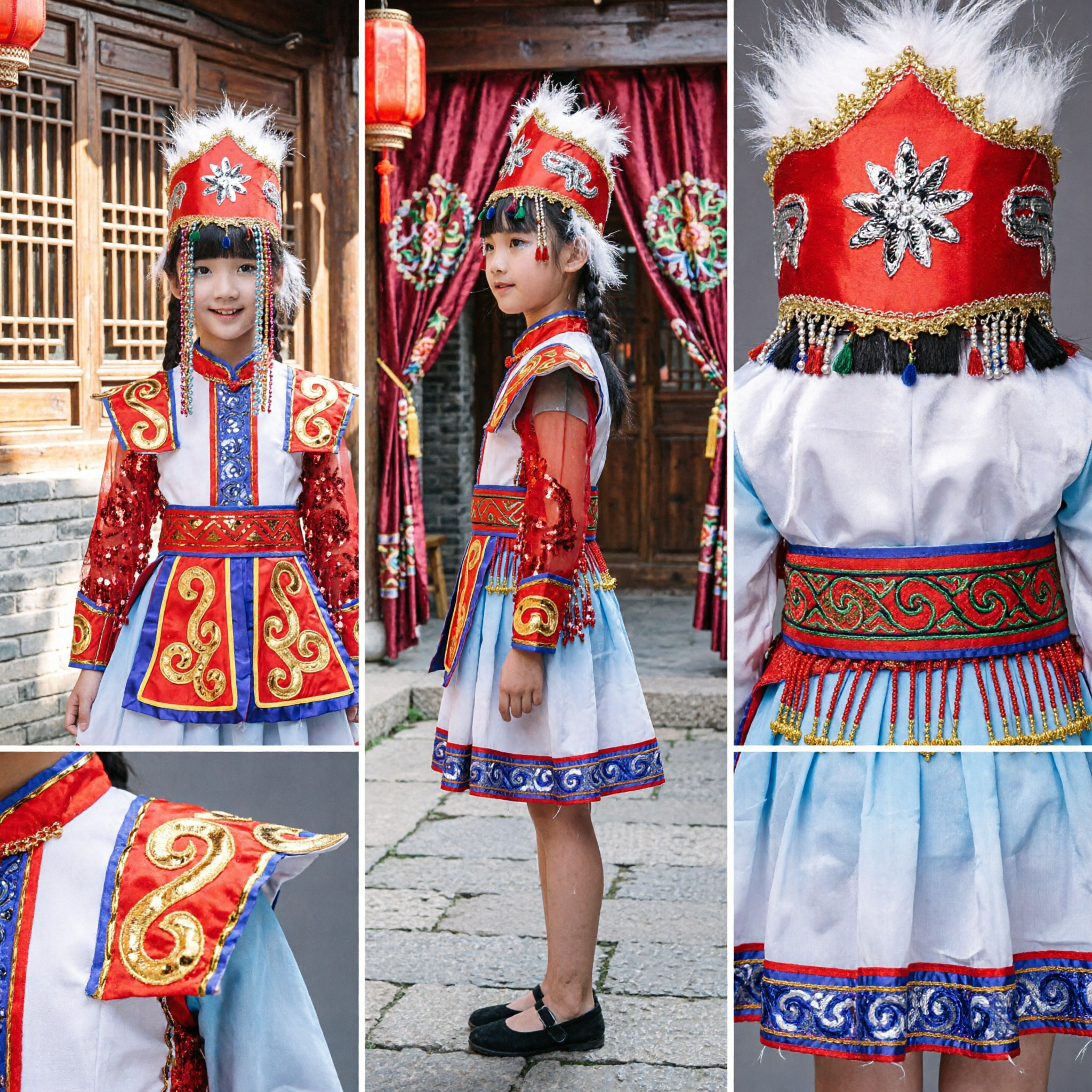 Kids Traditional Mongolian Dance Costume Chinese Ethnic Stage Performance Dress for Girls Red Sequined Outfit - Asian Costume
