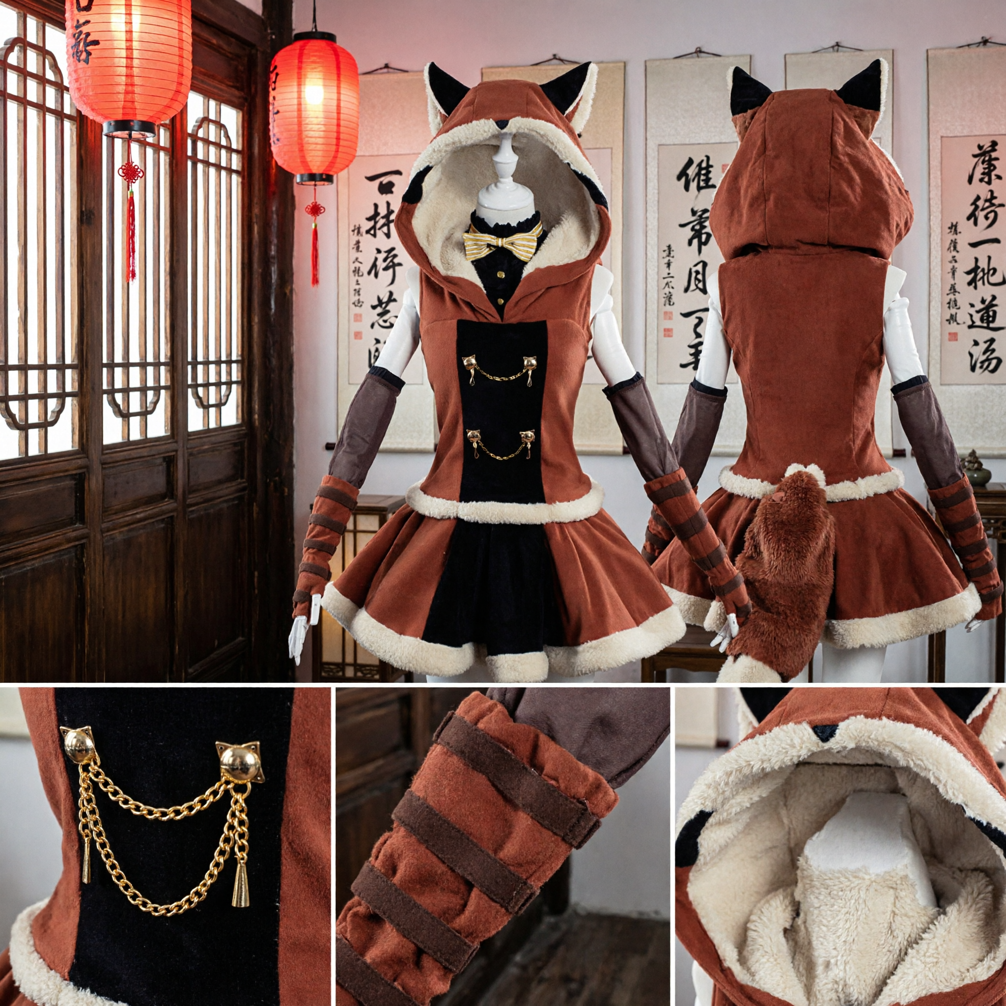 Anime Fox Girl Maid Cosplay Costume Brown Hooded Dress with Ears Full Set for Women Halloween - Asian Costume